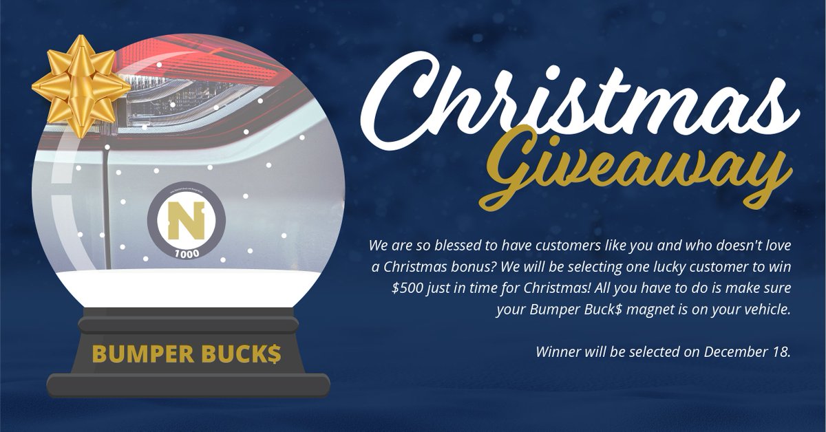 NewtonFederal's tweet photo. Customers like you make our job wonderful. To show you how blessed we are by your business, we will give away $500 to one lucky customer just in time for Christmas. All you have to do is make sure your Bumper Buck$ magnet is on your car. 

Winner will be selected on December 18. https://t.co/SI4Mo5rN2l