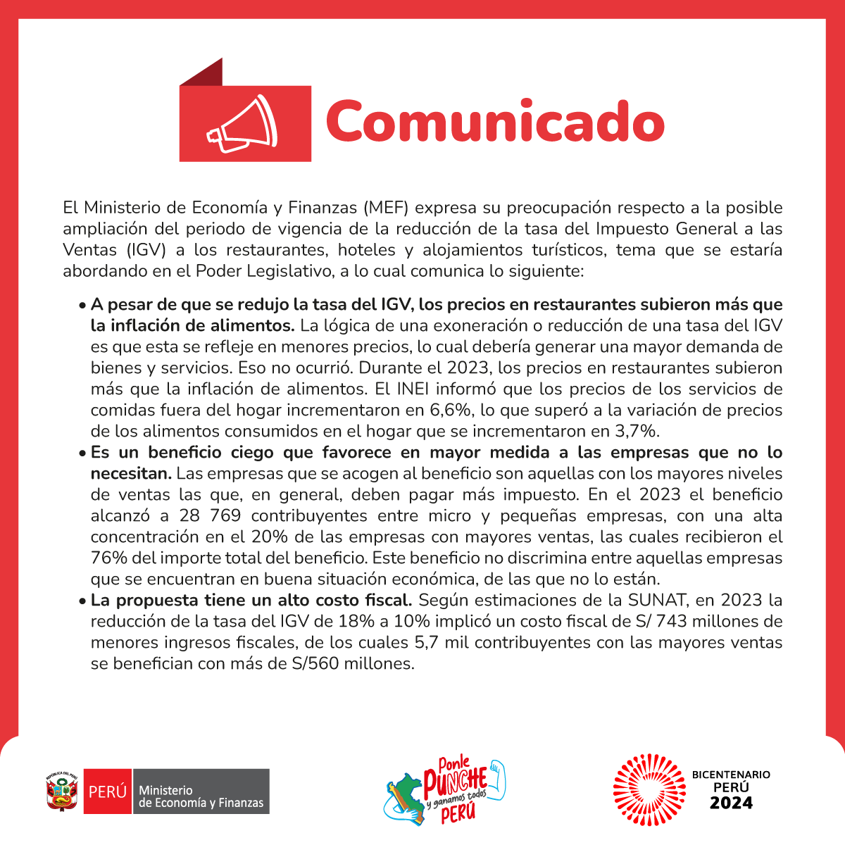 MEF_Peru's tweet photo. #Comunicado | Respecto a la ampliación del periodo de vigencia de la reducción de la tasa del Impuesto General a las Ventas (IGV) a los restaurantes, hoteles y alojamientos turísticos, el MEF informa lo siguiente:
📃 https://t.co/TtSoiI84Qo https://t.co/sfuwChP8nm