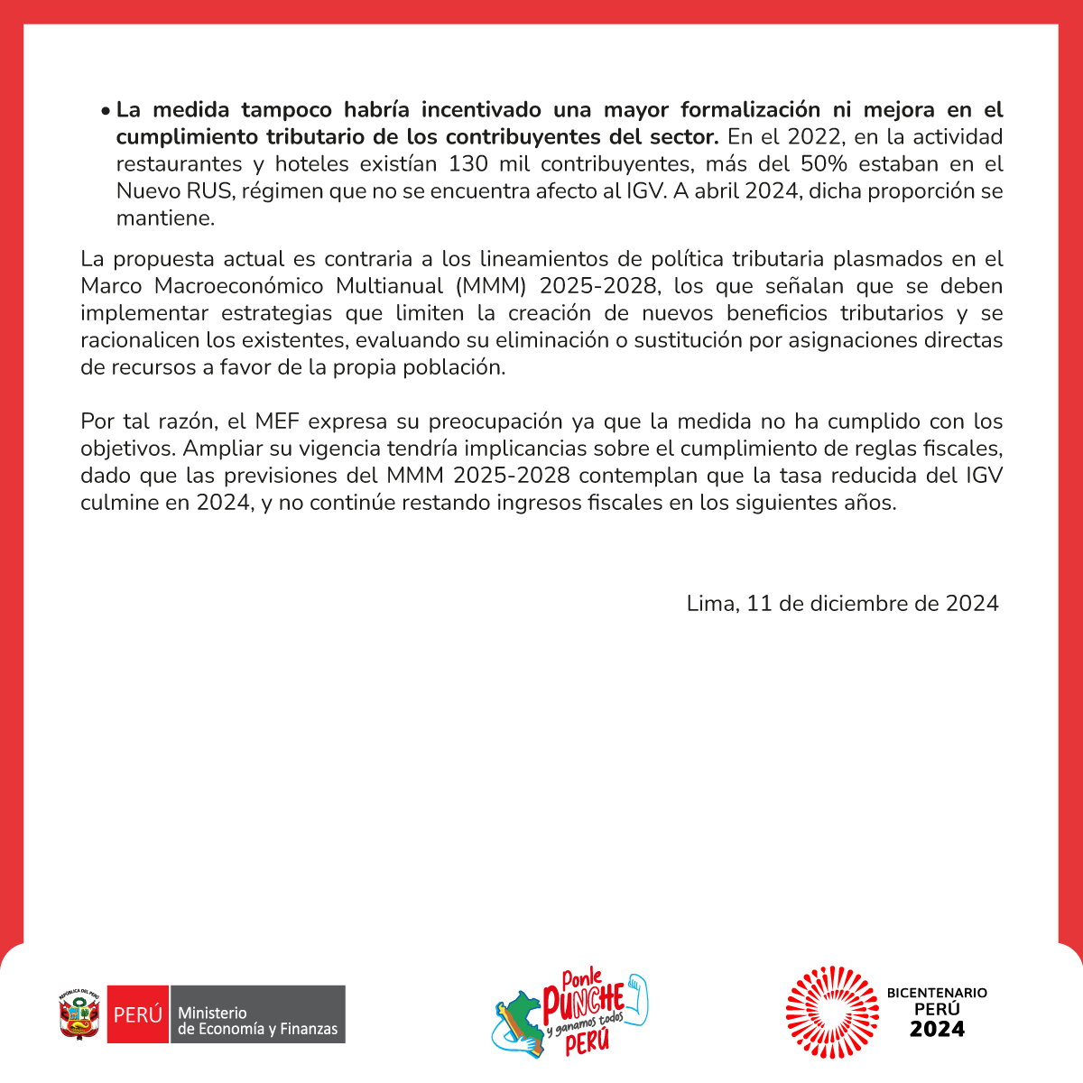 MEF_Peru's tweet photo. #Comunicado | Respecto a la ampliación del periodo de vigencia de la reducción de la tasa del Impuesto General a las Ventas (IGV) a los restaurantes, hoteles y alojamientos turísticos, el MEF informa lo siguiente:
📃 https://t.co/TtSoiI84Qo https://t.co/sfuwChP8nm