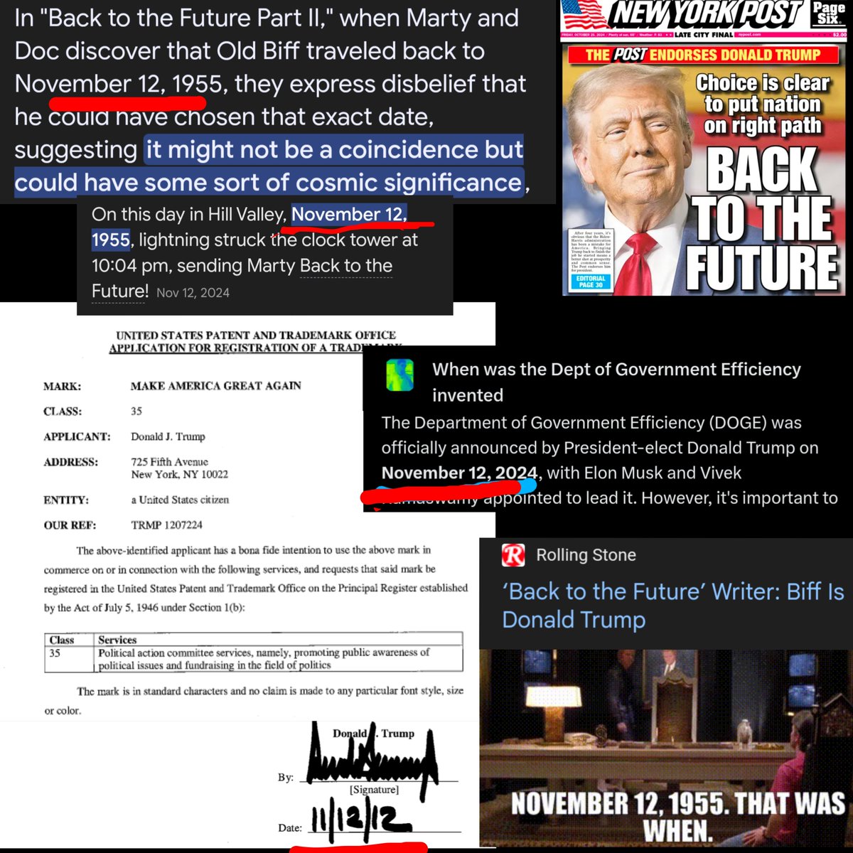 biffdon's tweet photo. "MAGA" was invented on 11/12.  DOGE was invented on 11/12.  Biff gave himself the Almanac on 11/12.  Lightning strikes the clock tower on 11/12.  Id ignore all of the strangeness if it ended here, but it barely even starts here. https://t.co/6nmX7P88HX