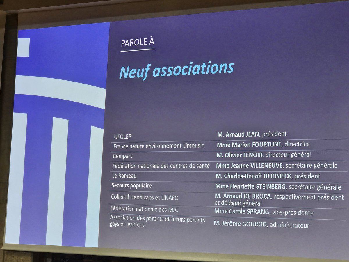 [En direct <a href="/lecese/">CESE</a> ] 

🎤 La parole à 9️⃣ acteurs associatifs
Chacun•e appuie l'enjeu des préconisations émises par l’avis sur le financement des associations

@UFOLEP
<a href="/FNEasso/">📦🦋 France Nature Environnement</a> #Limousin
@REMPART_asso 
#FNCS
<a href="/Labo_Le_RAMEAU/">Labo_Le_RAMEAU</a>
<a href="/SecoursPop/">Secours populaire</a>
<a href="/UnafoUnion/">Unafo</a> <a href="/CHandicaps/">Collectif Handicaps</a>
<a href="/MJCdeFrance/">MJC de France</a>
<a href="/apgl1/">APGL</a>