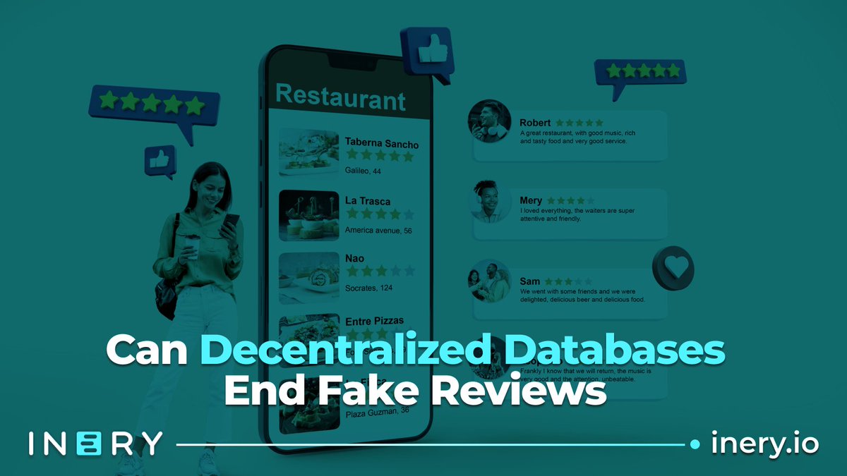 IneryDLT's tweet photo. Fake reviews ruining trust online? ๐ค
Decentralized databases like #Inery have the answer:
๐น Immutable, tamper-proof reviews
๐น Verified, genuine users
๐น Transparent, auditable records
๐น Rewards for authenticity
The future of online trust is decentralized. Letโs build it. โป๏ธ https://t.co/7o0oW9oymD
