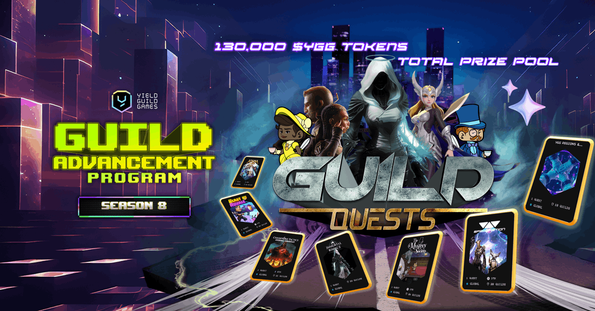 YieldGuild's tweet photo. 🎮 BREAKING: Guild Quests Now LIVE! Win from 130,000 $YGG Prize Pool!

Calling all Onchain Guild Leaders! Your ultimate challenge awaits with seven epic Guild Quests offering massive rewards for the top performers. Ready to prove your guild's dominance?

🏆 Featured Quests

1. Strength in Numbers - Arena of Faith (@moba_aof)
- Form teams of 5 guild members
- Battle your way to Top 100 on team leaderboard
- Tip: Include your guild name in usernames for maximum visibility!
Rewards: 2,220 $YGG for top 5 Onchain Guilds with most unique teams

2. Team Blaster - Blast Royale (@blastroyale)
- Compete in Duos (4 points/win) or Quads (10 points/win)
- Accumulate points through victories
Rewards: 4,885 $YGG for top 5 point-earning guilds

3. Kings of Grimoria - Champions Tactics: Grimoria Chronicles (@ChampionsVerse)
Climb the ranked ladder for points:
- Divine (100pts) | Diamond (80pts) | Platinum (65pts)
- Gold (30pts) | Silver (10pts) | Bronze (0pts)
Rewards: 4,000 $YGG for top 5 scoring Onchain Guilds

4. Power Overwhelming - Immortal Rising 2 (@immortalrising2)
Same ranking system as Champions Verse:
- Divine to Bronze tier points
- Guild total determines placement
Rewards: 4,440 $YGG for top performers

5. Hunt in Packs - The Mystery Society (@InviteToMystery)
- Simple objective: Get the most kills as a guild
Rewards: 3,330 $YGG split among top 5 guilds

6. Space Armada - Space Nation (@SpaceNationOL)
- Create/join in-game guild
- Donate materials to boost Guild EXP
Rewards: 6,000 $YGG for top 5 EXP leaders

7. Basement Guild Challenge (@b3dotfun)
Earn Guild Quest Points (GQP):
- Account creation: 10 GQP
- Neighborhood Defense achievements: up to 60 GQP
- Second game launching Dec 15: up to 60 additional GQP
Rewards: 1,775 $YGG for top 5 performers

Remember only Onchain Guilds have access to those quests.

🌟 How to Join Guild Leaders?
Register your YGG Onchain Guild now: https://t.co/U9jxUSPWhK

Looking for a Guild to join?
- Browse available guilds: https://t.co/ETHKYZcshq
- Review requirements and goals
- Connect with like-minded players
- Join your perfect community

🎯 Ready to Lead Your Guild to Victory?
Start your journey now: https://t.co/NNz5YH8UJy

#GAPS8 #TogetherWePlay #YGG #OnchainGuilds #PrizePool