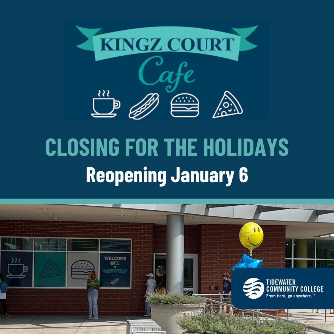 TCCva's tweet image. Heads up! ☕ Kingz Court Café is closing for the holidays starting tomorrow, December 12, and will reopen on Monday, January 6. 

#TCCva #TCCvb #KingzCourtCafe