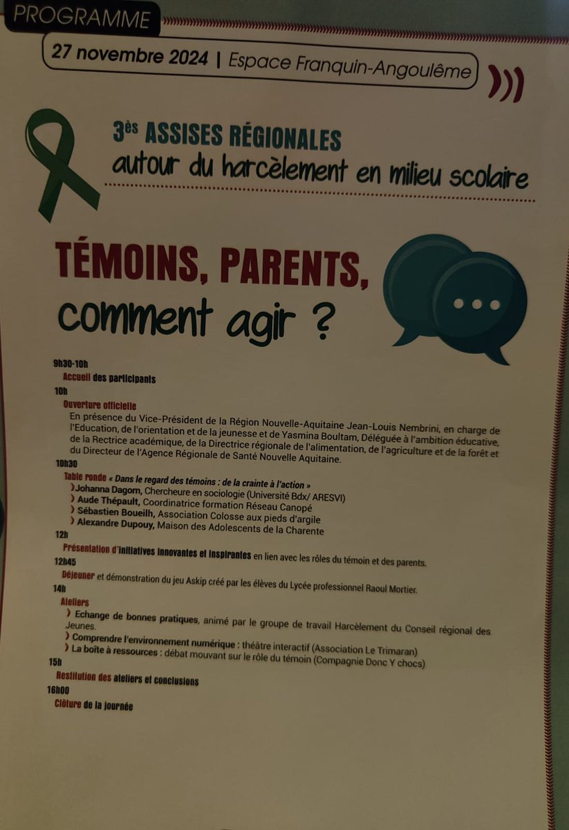 Participation des représentants de l'équipe phare et des ambassadeurs du lycée <a href="/CGuerinPoitiers/">Lycée Camille GUERIN</a> aux 3èmes Assises Non au Harcelement à Angoulême.
Une journée d'échanges où nos élèves ont présenté leurs actions au sein du lycée. 
<a href="/acpoitiers/">Académie de Poitiers</a> <a href="/DSDEN86/">DSDEN de la VIENNE</a>