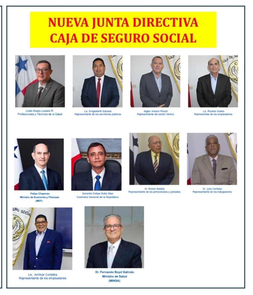 Esta es la NUEVA Junta Directuva del Seguro Social. Parece que ni sindicatos, ni empresarios, ni gobierno creen que las mujeres, que representan el 50% de la población y el 60% de profesionales, estén representadas. En este país no hay discriminación.