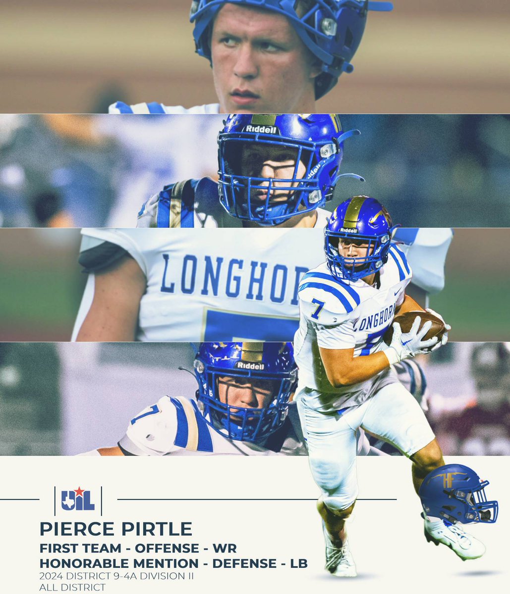 HFISD_Longhorns's tweet photo. FIRST TEAM ALL-DISTRICT - OFFENSE
Ty Bryson (QB)
Pierce Pirtle (WR)
Kaleb Loiacano (C)
Maddox Huber (OL)
Jeremy Wilson (OL)

FIRST TEAM ALL-DISTRICT - DEFENSE 
Brendan Miller (ILB)
CJ Larnette (CB)
Maliki Adams (CB)
Delino Doucet (Safety)
(Thread) https://t.co/Hh2pLx7mKD