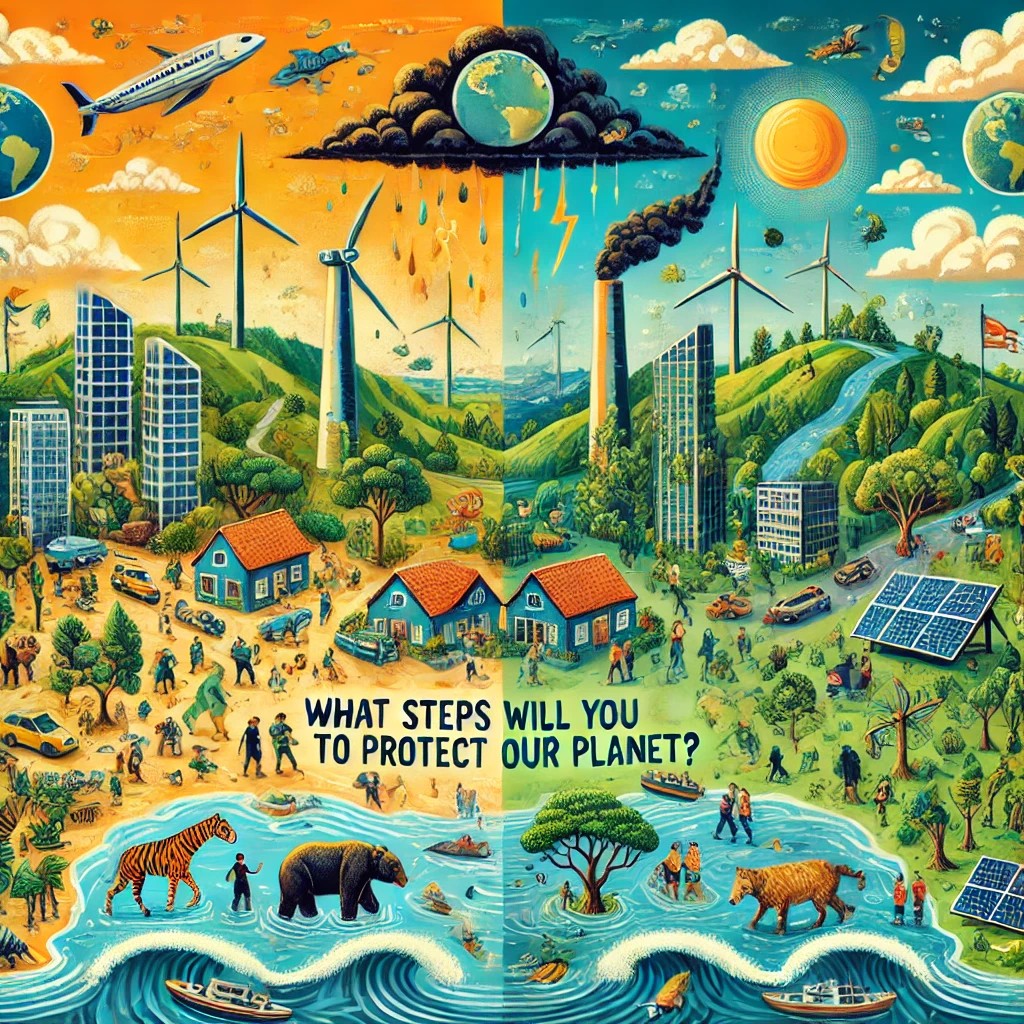 Climate change is reshaping our planet:  

Rising sea levels
 threaten coastal cities.  

Extreme weather
events like floods, hurricanes, and droughts are increasing.  

Wildlife habitats
 are vanishing, causing species extinction.  

Agriculture
faces challenges, endangering