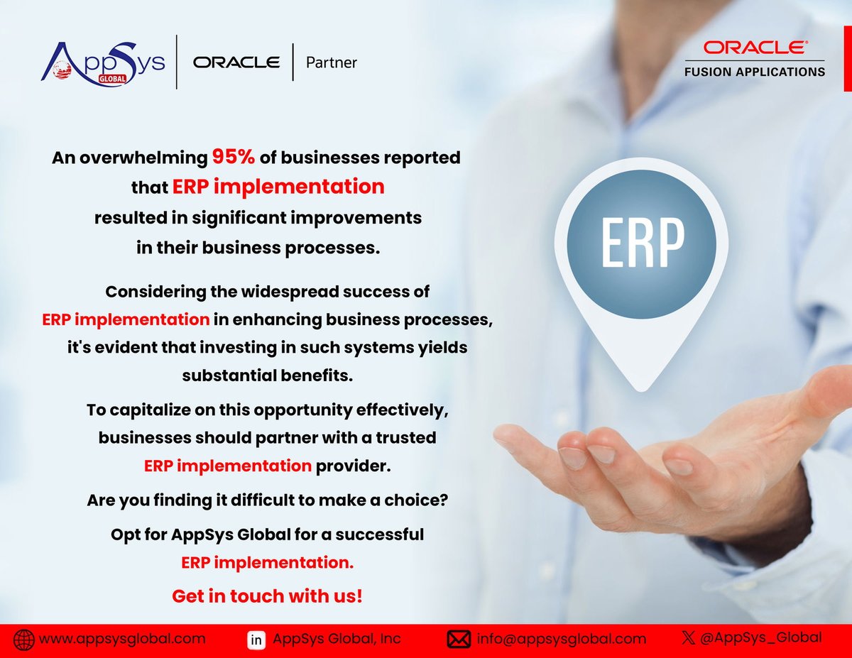 AppSys_Global's tweet photo. 95% of businesses can't be wrong! Be part of the ERP revolution. Enhance your business processes and see substantial benefits with @AppSys Global, your trusted ERP implementation provider. Are you ready to make the best choice for your business? Get in touch with us now! https://t.co/tJIuRhEWpM