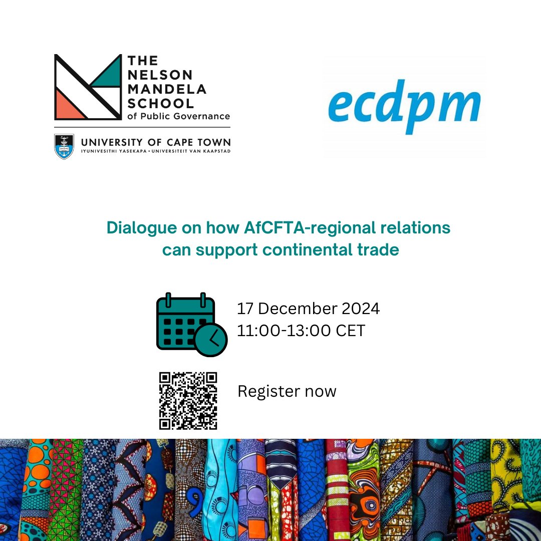The Nelson Mandela School (@mandelauct) on Twitter photo #Invite | The School and <a href="/ECDPM/">ECDPM π π</a> are co-organising an event to continue engagement on AfCFTA-REC relations by presenting some of the key findings of the ECDPM study 'How AfCFTA-regional relations can support continental trade.
π
17 Dec
β²οΈ11:00 CET
πbit.ly/3VxA3dV #Invite | The School and <a href="/ECDPM/">ECDPM π π</a> are co-organising an event to continue engagement on AfCFTA-REC relations by presenting some of the key findings of the ECDPM study 'How AfCFTA-regional relations can support continental trade.
π
17 Dec
β²οΈ11:00 CET
πbit.ly/3VxA3dV