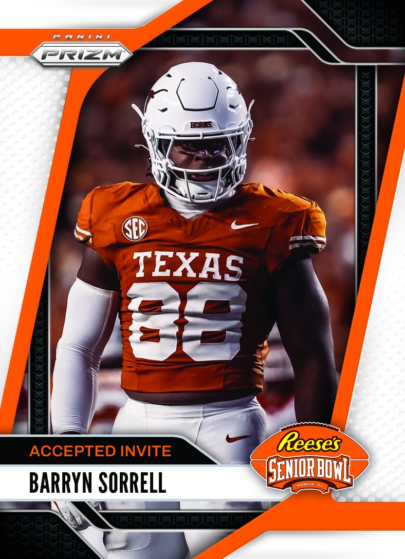 seniorbowl's tweet photo. OFFICIAL! EDGE Barryn Sorrell @BarrynSorrell_ from @TexasFootball is heading to the 2025 Reese's Senior Bowl!!! 🤘 #HookEm #BestOfTheBest #TheDraftStartsInMOBILE™️

@JimNagy_SB @PaniniAmerica #RatedRookie https://t.co/0AxjXUp2pF