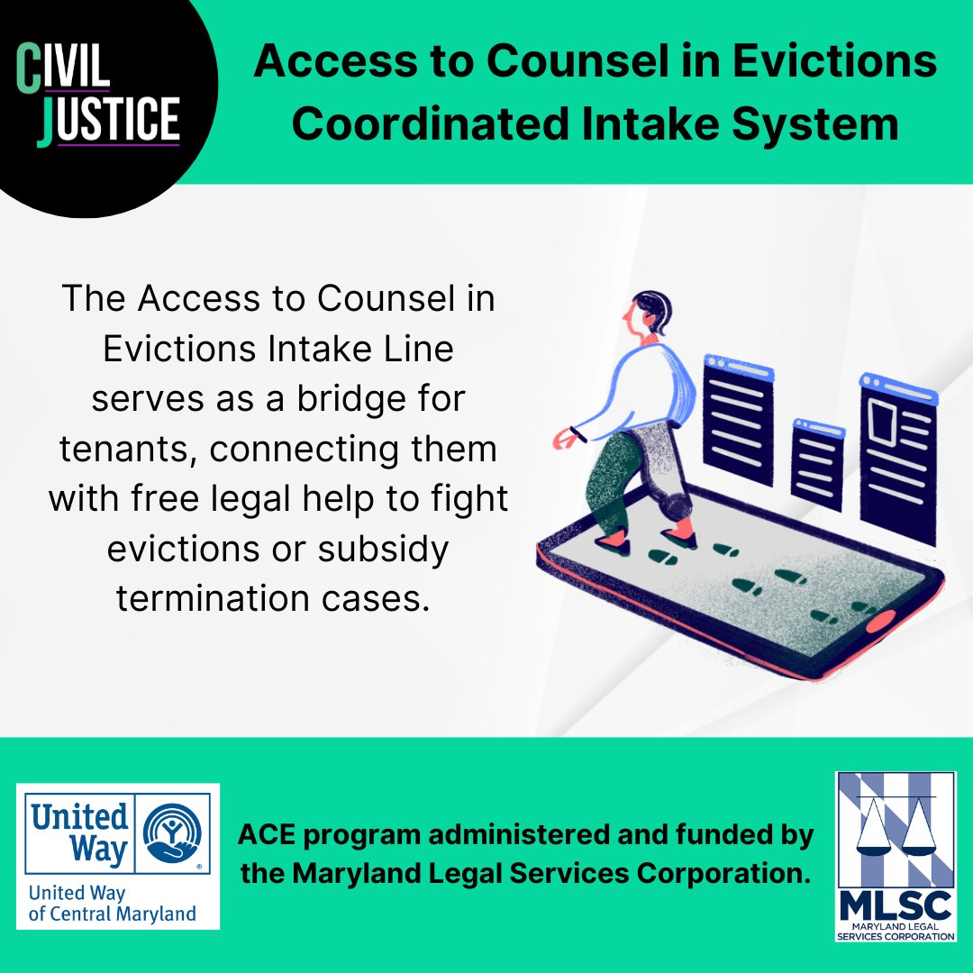 CivilJusticeInc's tweet photo. The Access to Counsel in Evictions Intake Line is a bridge for tenants, connecting them with free legal help to fight eviction. Learn more at https://t.co/UZgW96R5r3

ACE program administered and funded by the Maryland Legal Services Corporation @MDLegalServ. https://t.co/EFOV77sY8W