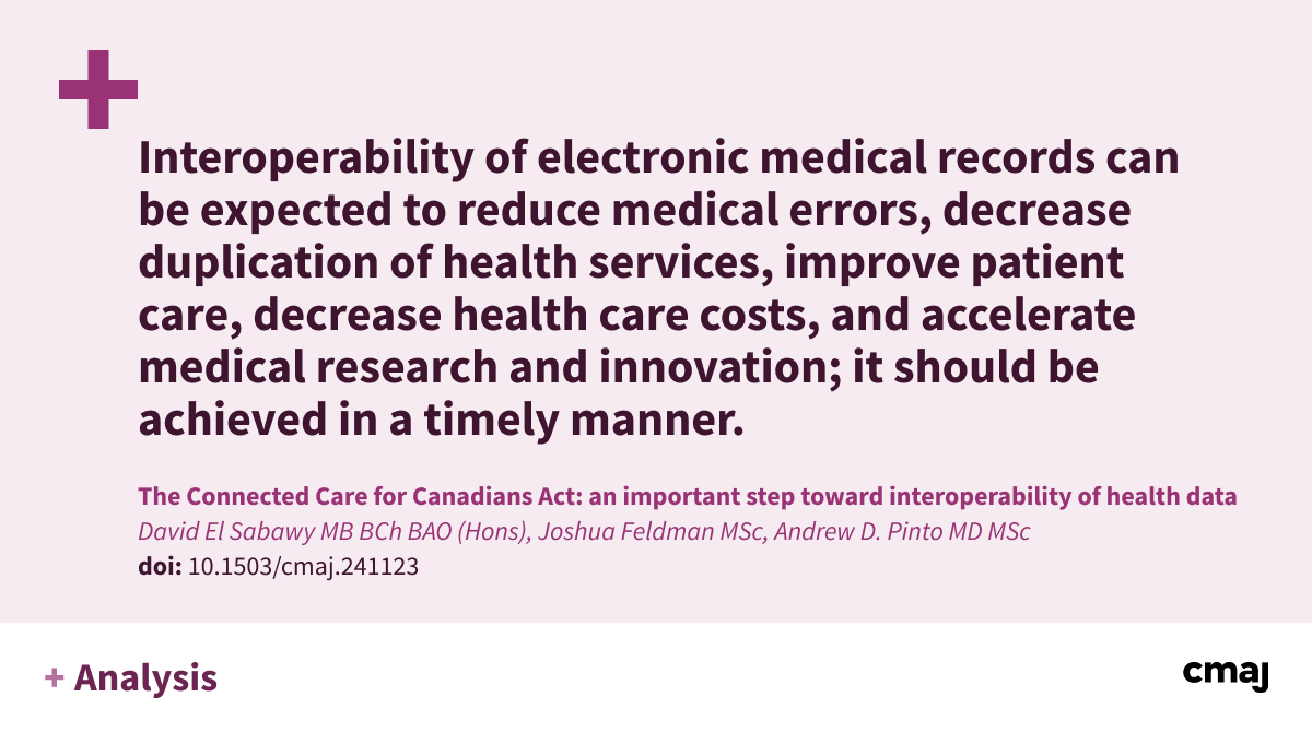CMAJ's tweet photo. The Connected Care for Canadians Act is an important step toward fixing Canada’s dysfunctional health information ecosystem. However, much work and investment will be required for it to make a difference.
➡️ https://t.co/P4ElIVD7Uh
@JoshFeldman14 @andrewDPinto @upstreamlab https://t.co/xEZLTK2ilJ