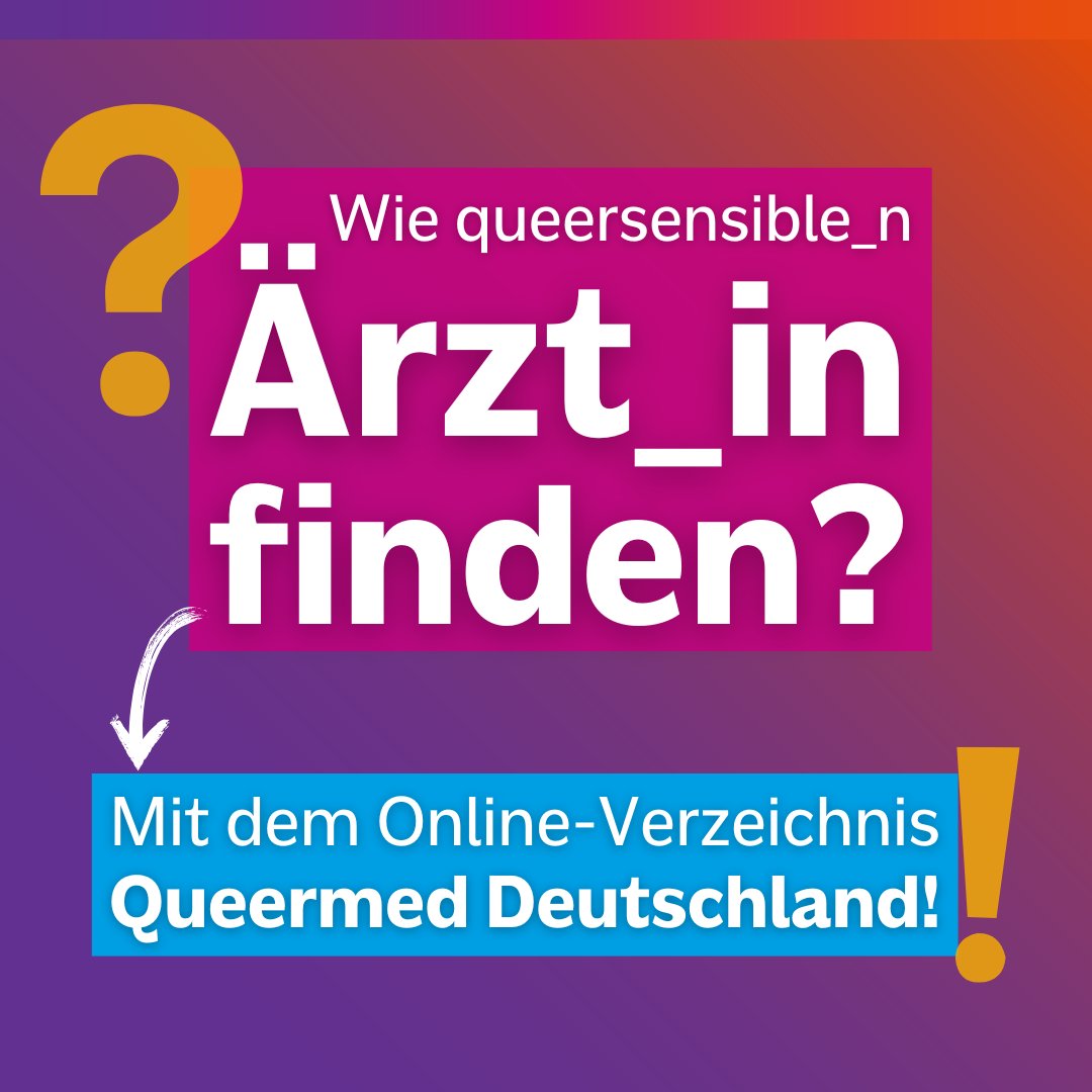 Kennen Sie schon queermed-deutschland.de? Das Portal bietet ein Verzeichnis von #queersensiblen Praxen von #Ärzt_- &amp; #Therapeut_innen in Deutschland. Ihre Suche können Sie z.B. nach Ort oder Fachgebiet filtern.
Und umgekehrt freut sich Queermed Deutschland über Ihre Empfehlungen.