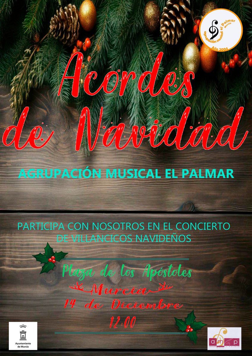 📢EL CONCIERTO DE ESTE SÁBADO CABIA LA UBICACIÓN📢

"ACORDES DE NAVIDAD" 
SÁBADO 14 DE DICIEMBRE 12:00 
PLAZA DE LOS APÓSTOLES  (MURCIA)
<a href="/febandasrmurcia/">Federación Bandas de Música de la Región de Murcia</a>
<a href="/BandasEventos/">Eventos de Bandas</a>
<a href="/murcianico79/">Antonio Hernández ©️</a>
<a href="/AytoMurcia/">Ayuntamiento de Murcia</a>
<a href="/CulturaMurcia/">Cultura de Murcia</a>
<a href="/AznarGines/">Gines Aznar</a>
<a href="/CESociedadesM/">CESM</a>
<a href="/enclavecultura/">EnClave Cultura</a>