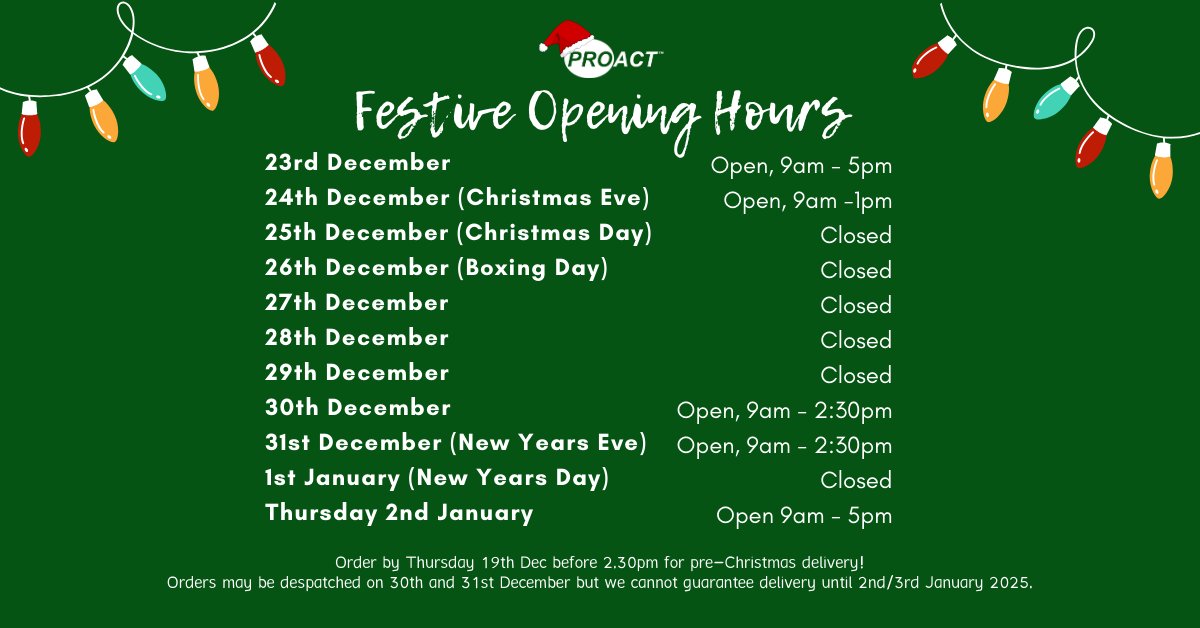 🎄 Christmas is coming! 🎄 

Please note the last day to order for pre-Christmas delivery is Thursday 19th December before 2.30pm. 
Orders placed after may not arrive until early January 2025.

proactmedical.co.uk