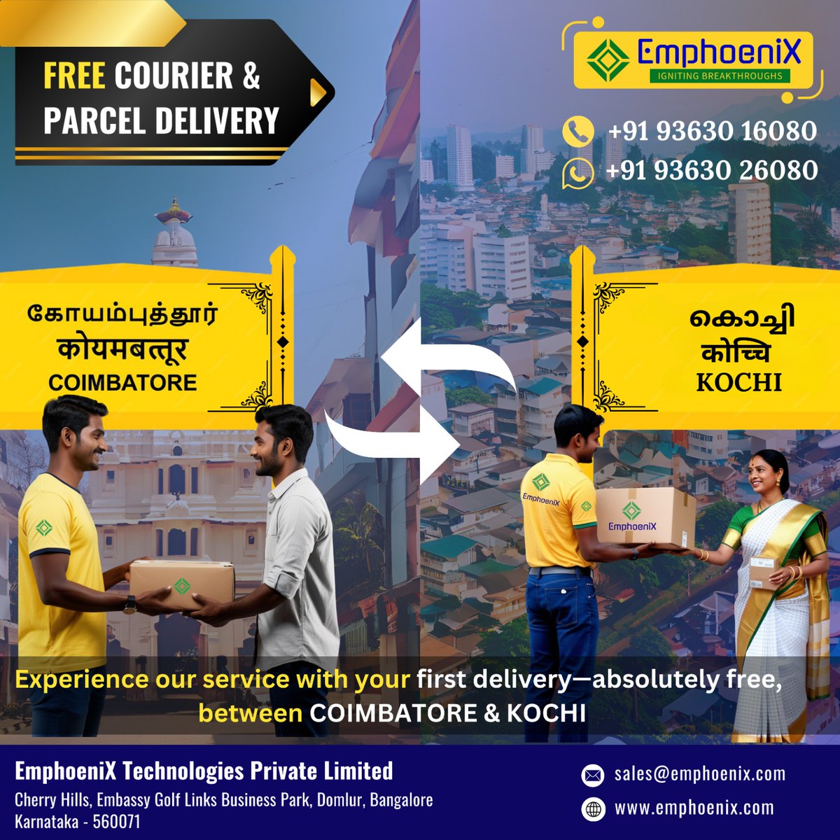 weemphoenix's tweet photo. 🚛✨ Get your first door-to-door delivery free between Kochi and Coimbatore. ✨📦

#ProfessionalCourierService #EfficientLogistics #EmphoeniX https://t.co/DsrKPDZswi