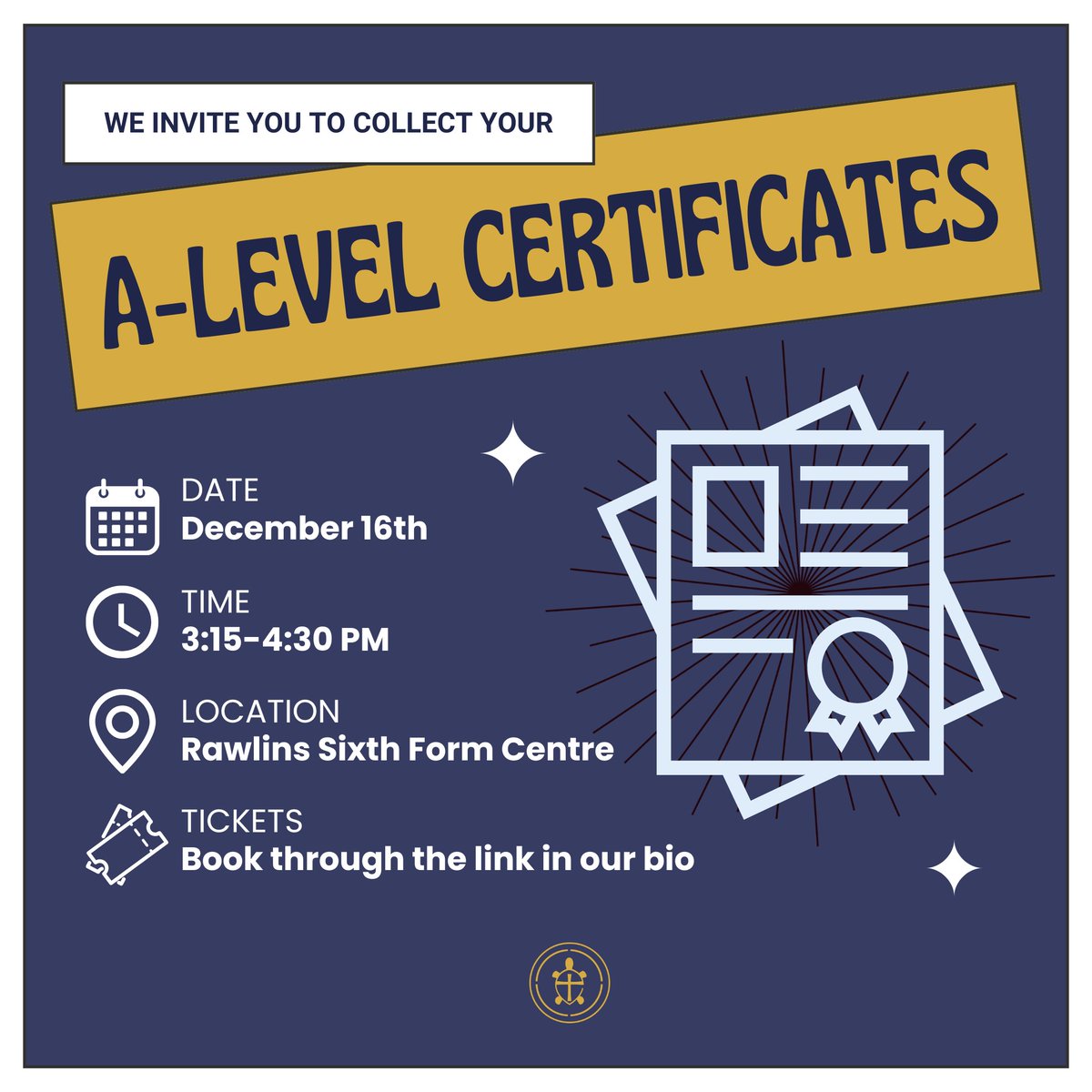RawlinsAcademy's tweet photo. 🎓 Calling Last year’s Y13 students

Collect your A-level certificates on Mon, 16th Dec, 3:15–4:30 PM at the Sixth Form Centre. Catch up with staff, reconnect with friends &amp; share your journey!

📲 Book via the link in our bio or contact us if you can’t attend.

#RawlinsSixthForm https://t.co/Go1KvaJfyU