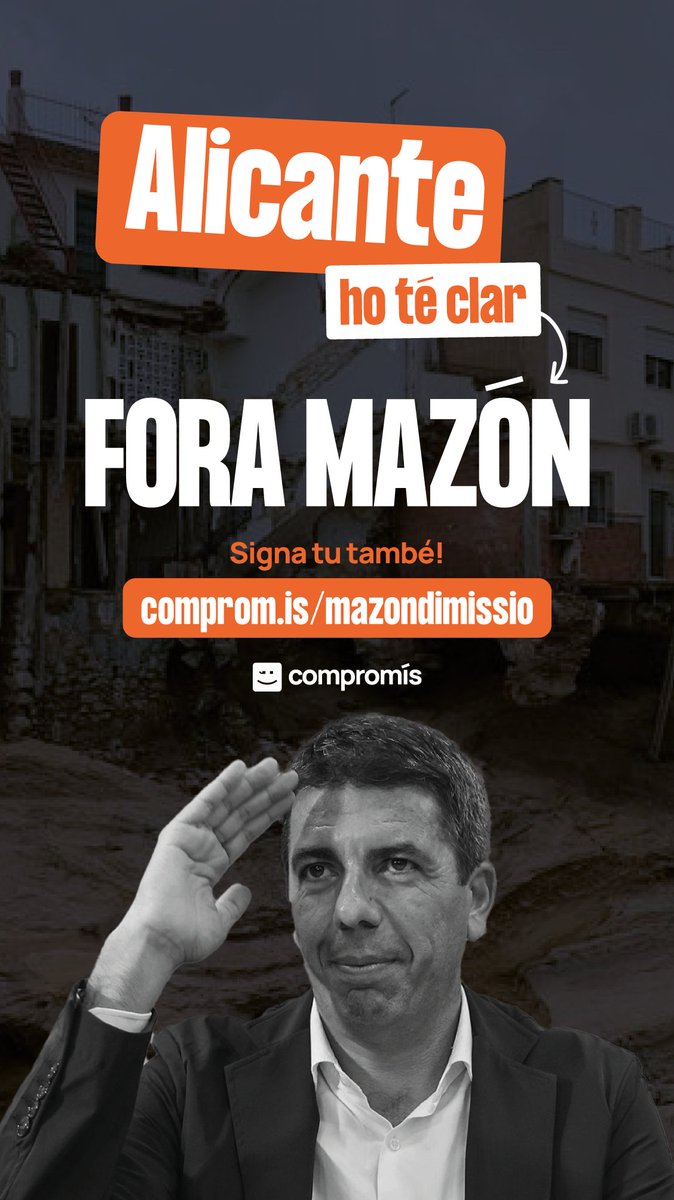CompromisALC's tweet image. #ForaMazón

👉🏼Perquè no estava on havia d’estar durant la tràgica jornada del 29 d’octubre

👉🏼Perquè no va enviar l’alerta quan encara es podien salvar moltes vides

👉🏼Perquè no va demanar l’ajuda que necessitàvem durant els primers dies

✍🏼 Signa ací 👇🏼 actionnetwork.org/forms/mazon-di…
