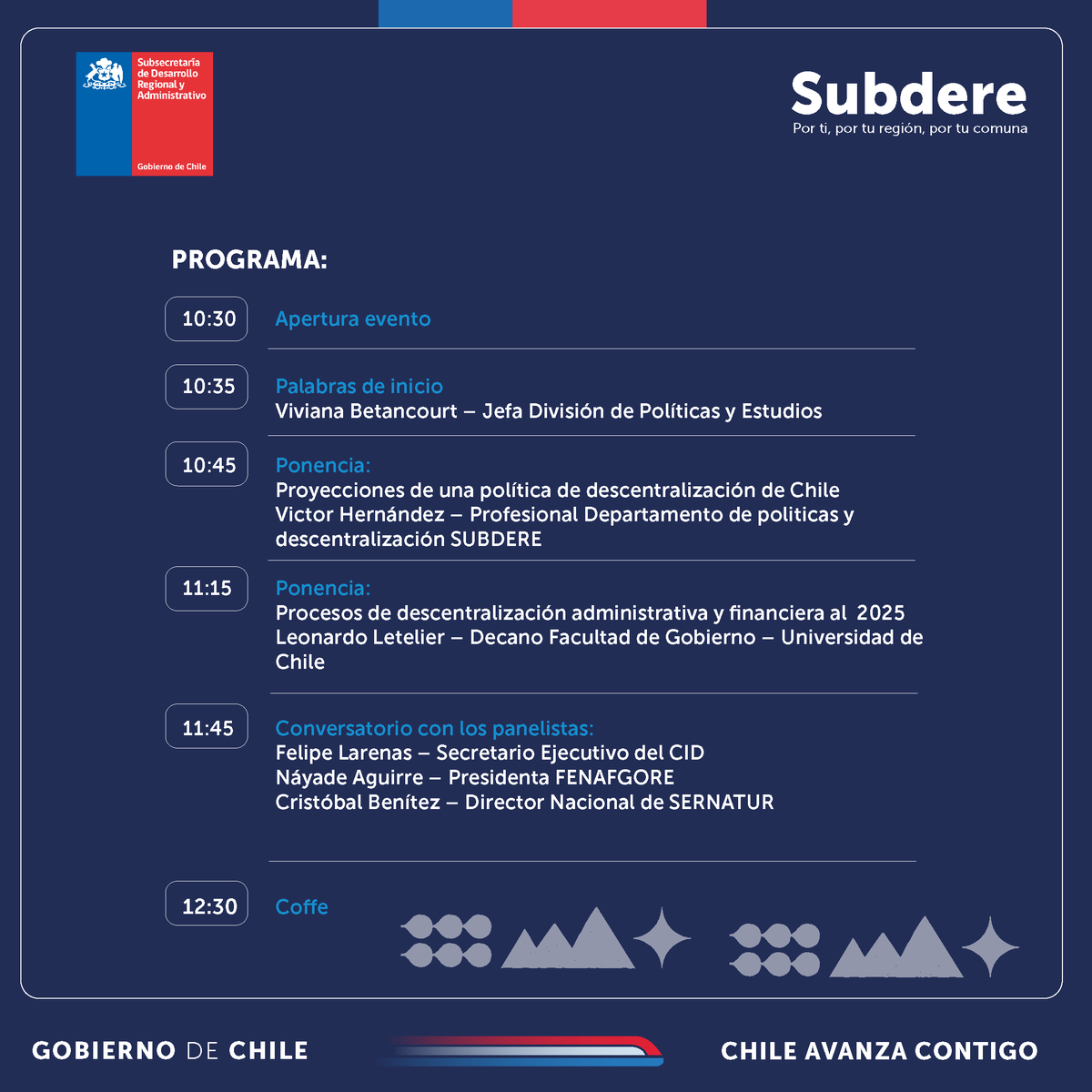 laSubdere's tweet photo. Participa del Seminario Descentralización, Gobernanza y desafíos 2025-2029, Una mirada desde la academia y la institucional.

📍Teatinos 92. Zócalo 2
🗓️12 de diciembre
⏰10:30
▶️Sigue la transmisión en nuestro canal de Youtube.

¡No te lo pierdas! https://t.co/ufiZo2xAOs