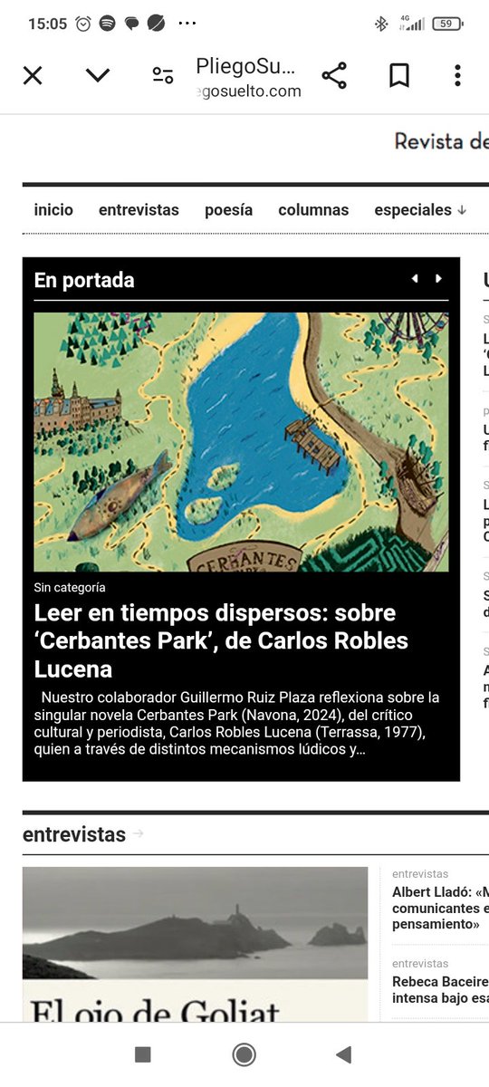 Carlos Robles Lucena (@robleslucena) on Twitter photo “¿No habría algo intermedio entre el venderse y la derrota?”, pregunta Expósito acerca de las personas y también, de forma indirecta, de los escritores."
Guillermo Ruiz Plaza @gruizplaza
reflexiona sobre CERBANTES PARK en <a href="/PliegoSuelto/">Pliego Suelto</a>
<a href="/NavonaEditorial/">Editorial Navona</a>
pliegosuelto.com/?p=34645&fbcli… “¿No habría algo intermedio entre el venderse y la derrota?”, pregunta Expósito acerca de las personas y también, de forma indirecta, de los escritores."
Guillermo Ruiz Plaza @gruizplaza
reflexiona sobre CERBANTES PARK en <a href="/PliegoSuelto/">Pliego Suelto</a>
<a href="/NavonaEditorial/">Editorial Navona</a>
pliegosuelto.com/?p=34645&fbcli…
