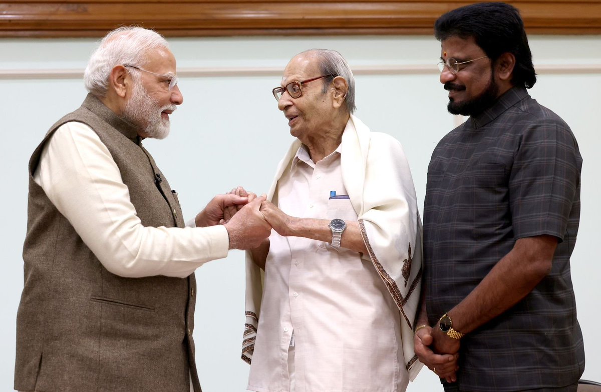 narendramodi's tweet photo. I commend Shri Seeni Viswanathan for his lifelong devotion to popularising the ideals of Subramania Bharati. Glad to have released his works today. https://t.co/uRQYAuiajg