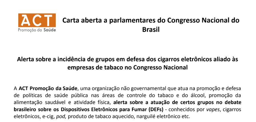 Carta aberta: A ACT alerta sobre a a atuação de grupos que promovem narrativas minimizando os riscos dos cigarros eletrônicos e favorecendo os interesses comerciais da indústria do tabaco, em detrimento de evidências científicas de saúde.

Leia na íntegra:
drive.google.com/file/d/1Avj_hY…