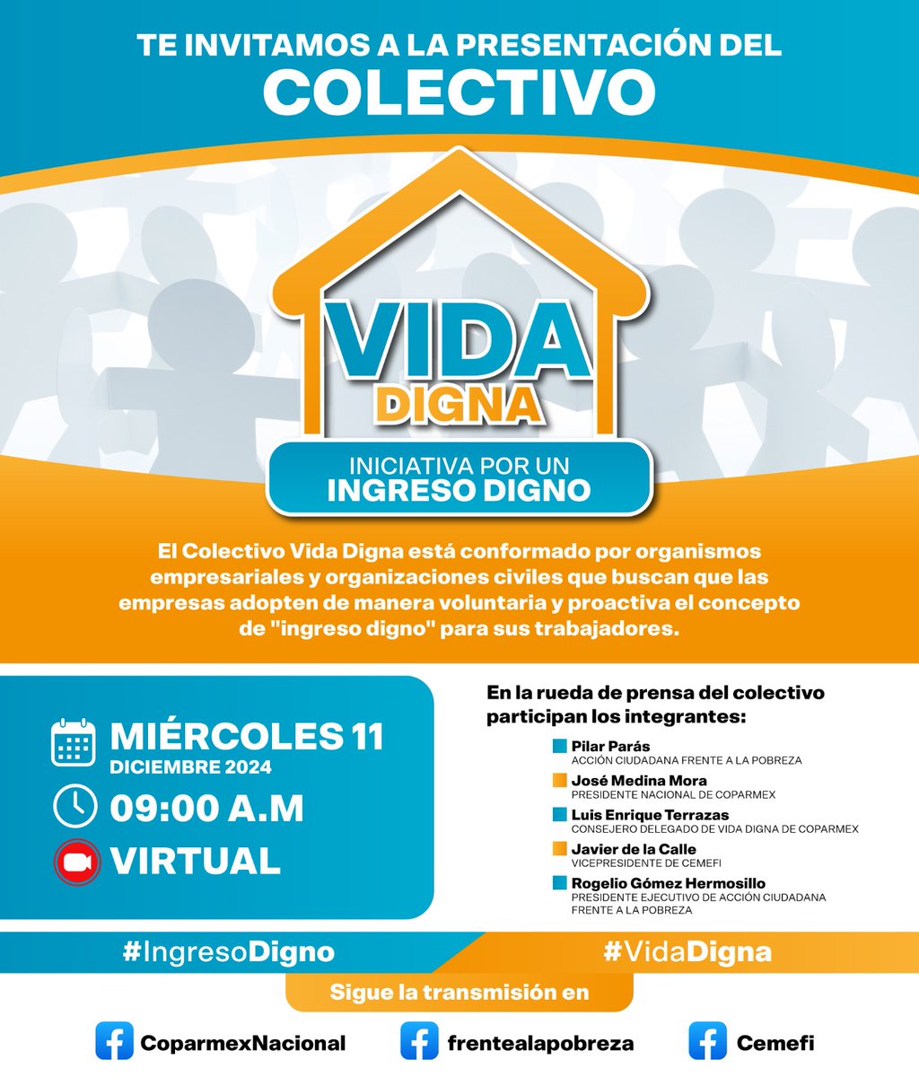 Cemefi's tweet photo. 🤝 ¡Construyamos un México con un #IngresoDigno!
🙌 #RuedaDePrensa de la iniciativa #VidaDigna, para que las empresas adopten voluntariamente un ingreso que mejore las condiciones laborales de las y los trabajadores del país.
🗓️ 11 de diciembre, 9:00h.
💻 https://t.co/A9D1cs0af4 https://t.co/sYs0ZcOyrk