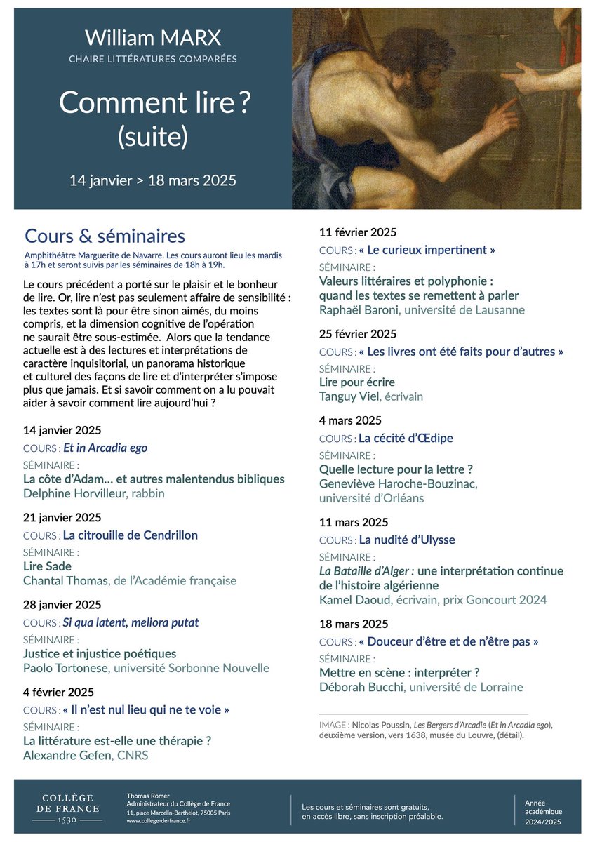 Le temps est venu de préparer mon cours du Collège de France. Du 14 janvier au 18 mars, le mardi à 17h, je poursuivrai mon questionnement de l’an dernier sur la lecture et l’interprétation (sujet inépuisable !). À 18h suivra le séminaire, avec une liste d’invités dont je ne suis