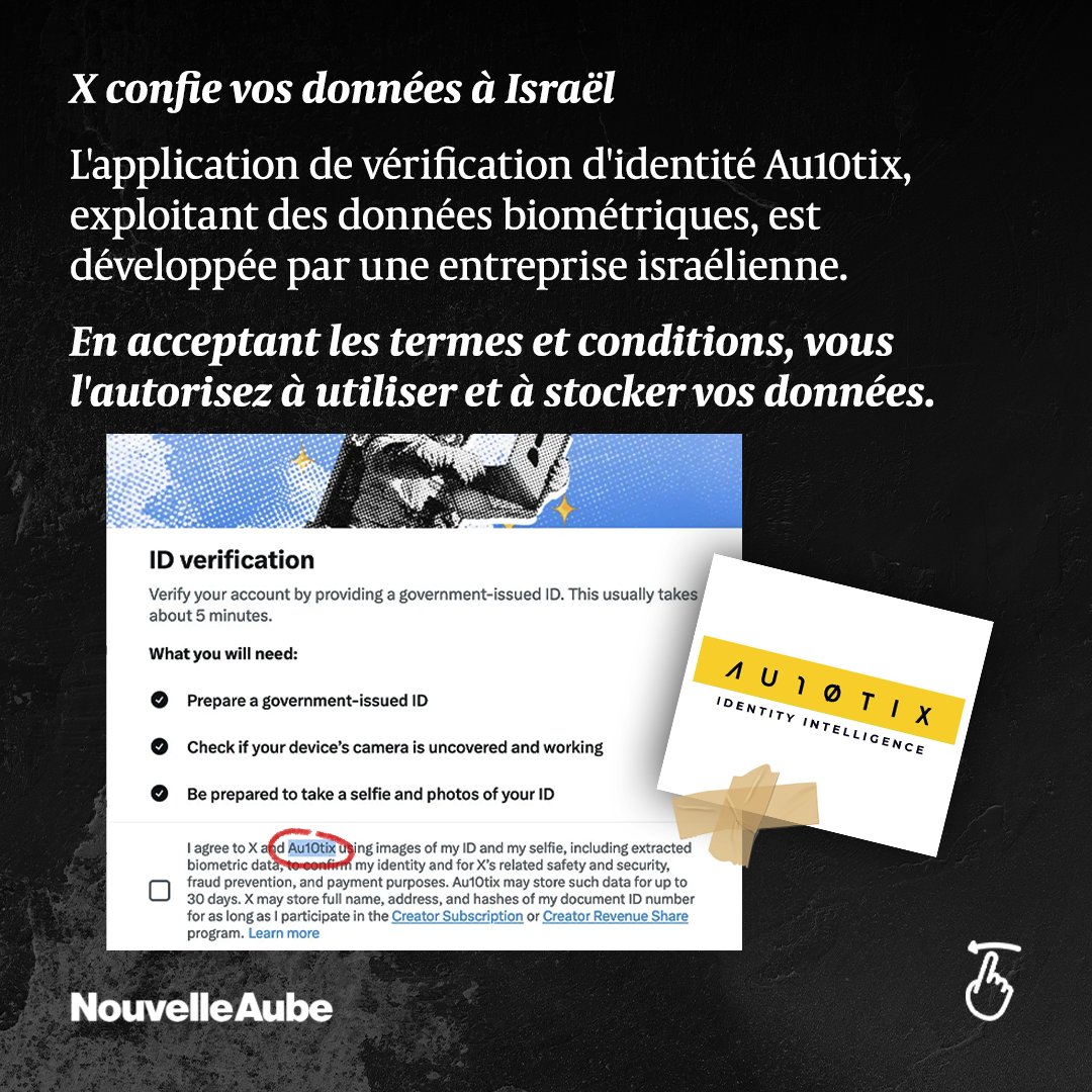 nouvelleaubefr's tweet image. X transfère et confie la gestion de vos données à des serveurs basés en Israël.

L'application de vérification d'identité Au10tix, qui exploite des données biométriques, est développée par une entreprise israélienne basée à Hod HaSharon, en Israël.

#X #Twitter #appli #sécurité