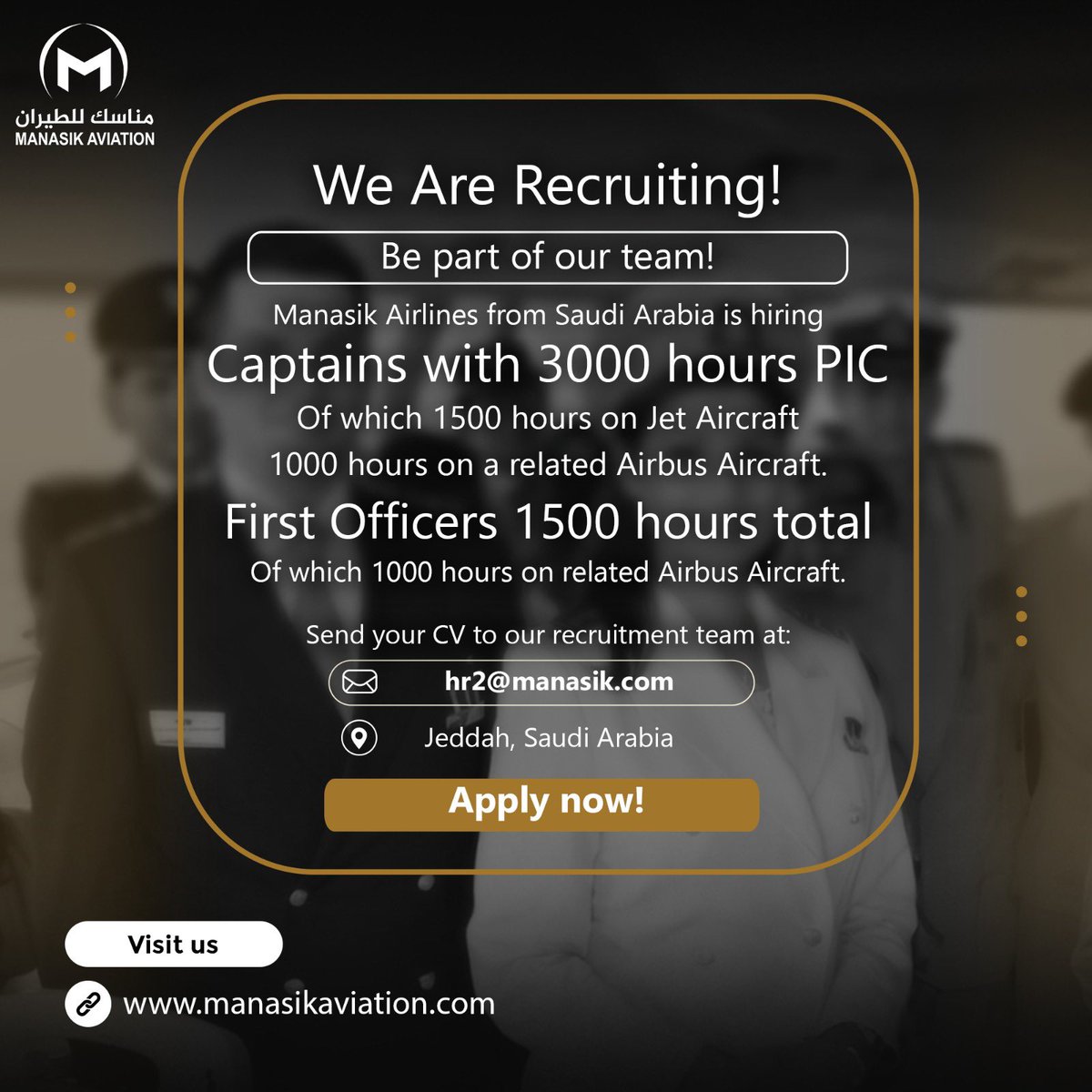 FlyManasik's tweet photo. Join Manasik Aviation! ✈️
Ready to elevate your career? We’re hiring experienced Captains and First Officers to join our team.

📩 Send CV: hr2@manasik.com

#NowHiring #Pilots #Airbus #AviationCareers #FlightCrew #AirlineJobs #DreamTeam #GACA https://t.co/0d6SMwT4GB