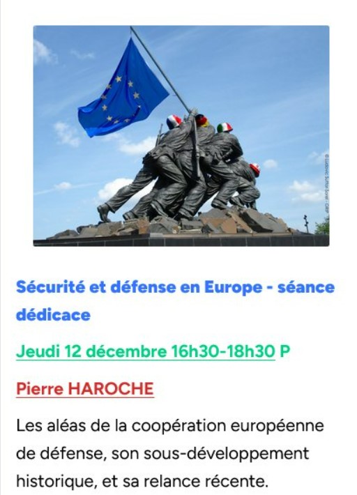 <a href="/PierreHaroche/">Pierre Haroche</a> sera ce jeudi 12.12 (16h30-18h30) à #luniversitépopulairedepoissy !  Sécurité et défense en 🇪🇺, débat qui s'articulera autour de ses 2 derniers ouvrages  "Le goût de l'Europe" (<a href="/MercuredeFrance/">Mercure de France</a>), "Dans la forge du monde" (<a href="/EditionsFayard/">Fayard</a> ).  unipop-poissy.fr