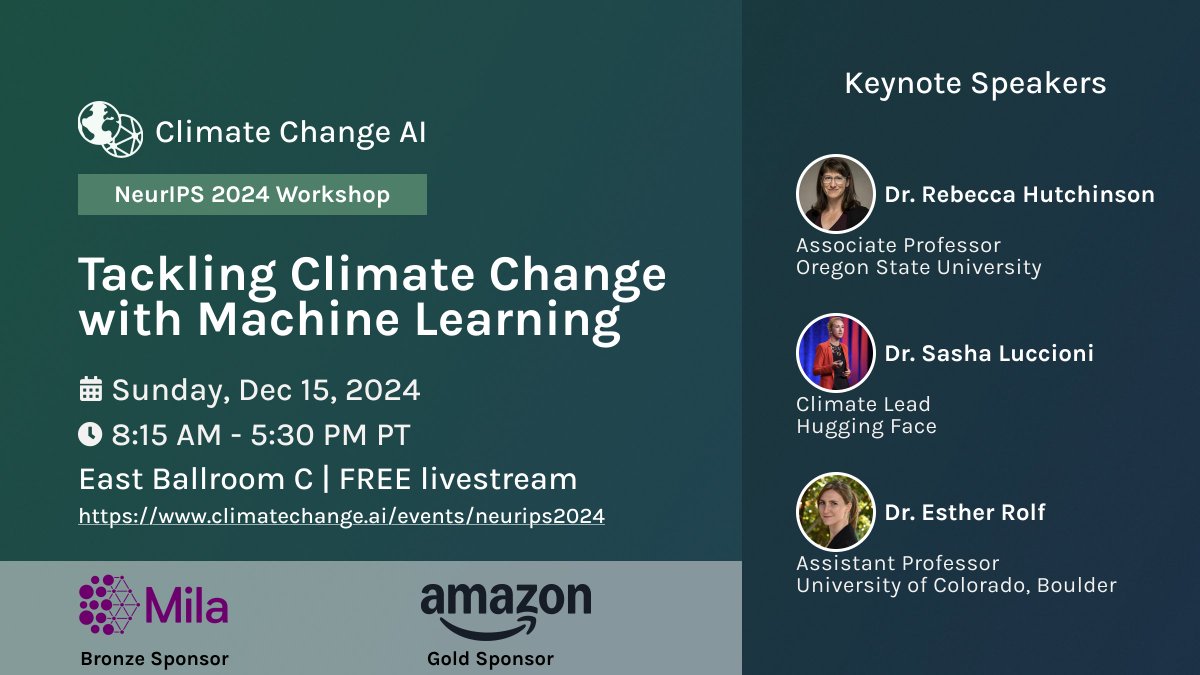 Climate Change AI (@climatechangeai) on Twitter photo We're already excited for our #NeurIPS2024 workshop this Sunday! Our program includes keynotes by <a href="/Hut_chin_son/">Rebecca Hutchinson</a>, <a href="/SashaMTL/">Sasha Luccioni, PhD 🦋🌎✨🤗</a> and <a href="/rolf_comma_e/">Esther Rolf</a> - and the whole workshop will be livestreamed for free on our website.
Check out details & the schedule here: climatechange.ai/events/neurips… We're already excited for our #NeurIPS2024 workshop this Sunday! Our program includes keynotes by <a href="/Hut_chin_son/">Rebecca Hutchinson</a>, <a href="/SashaMTL/">Sasha Luccioni, PhD 🦋🌎✨🤗</a> and <a href="/rolf_comma_e/">Esther Rolf</a> - and the whole workshop will be livestreamed for free on our website.
Check out details & the schedule here: climatechange.ai/events/neurips…