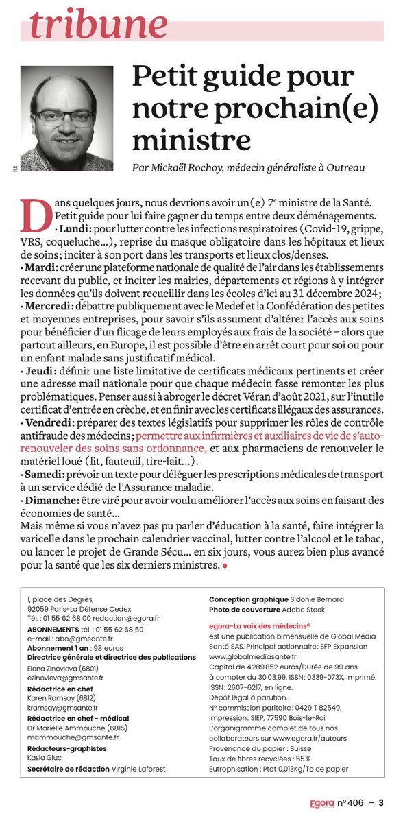 Dans @EgoraInfo cette semaine, je signe l'édito sous forme de "petit guide pour notre prochain(e) ministre de la santé"... 
... histoire qu'il (elle) ait quelques idées à appliquer entre le déballage et remballage de cartons, et soit plus utile qu'une <a href="/gdarrieussecq/">Geneviève Darrieussecq</a> 🙃