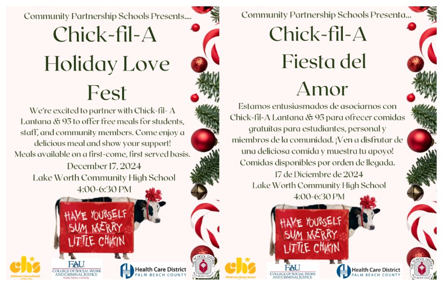 Lake Worth Com. High (@lwchstrojans) on Twitter photo Tis the Season! A huge thank you to
<a href="/ChickfilA/">Chick-fil-A, Inc.</a>
<a href="/fausocialworkcj/">Florida Atlantic - Social Work & Criminal Justice</a>
<a href="/HealthCare74877/">Health Care District of Palm Beach County</a>
and our community partners, CHS!🎄🐔
<a href="/villani824/">Elena Villani</a> <a href="/kgwhetsell/">KW</a> Tis the Season! A huge thank you to
<a href="/ChickfilA/">Chick-fil-A, Inc.</a>
<a href="/fausocialworkcj/">Florida Atlantic - Social Work & Criminal Justice</a>
<a href="/HealthCare74877/">Health Care District of Palm Beach County</a>
and our community partners, CHS!🎄🐔
<a href="/villani824/">Elena Villani</a> <a href="/kgwhetsell/">KW</a>