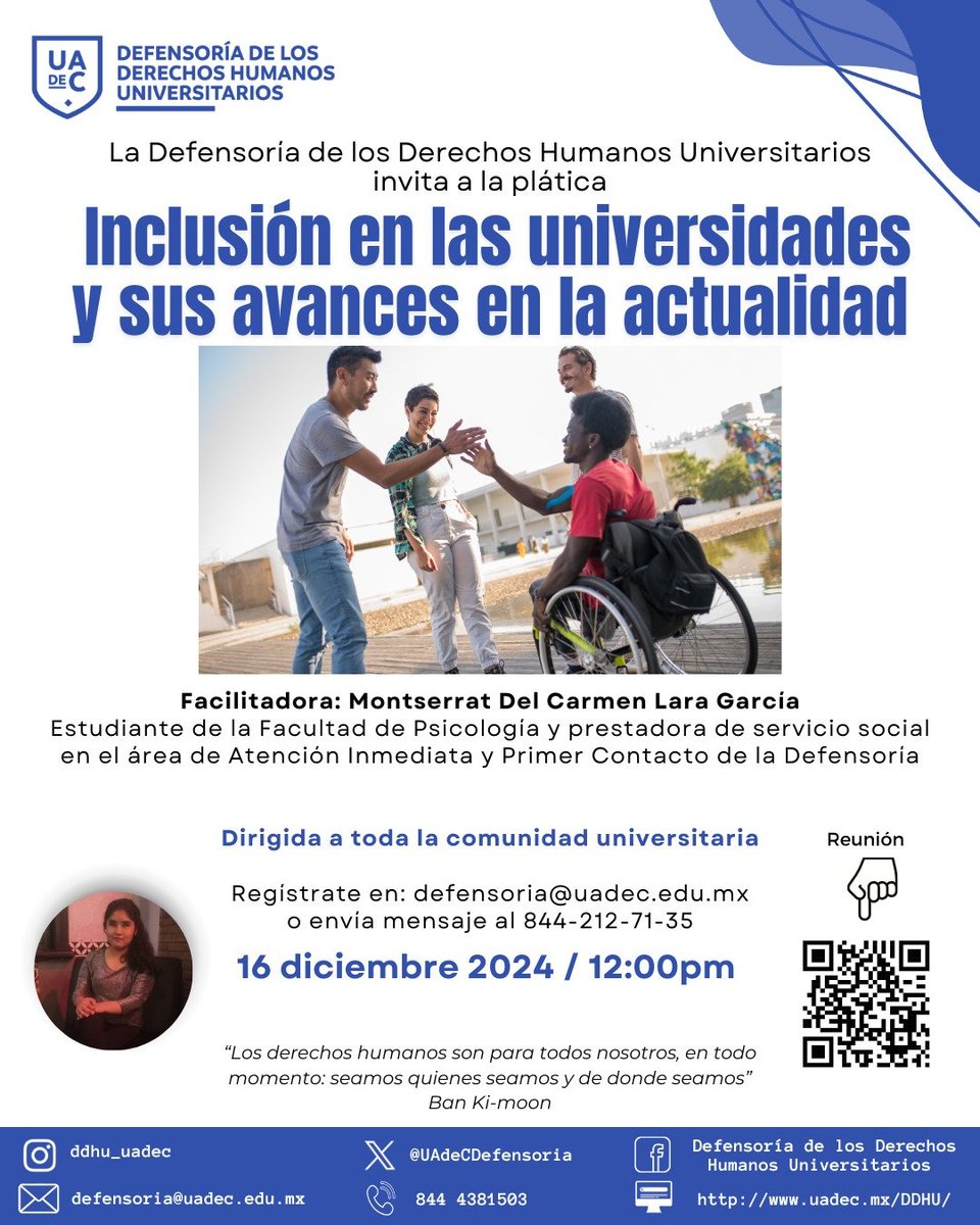 UAdeCDefensoria's tweet photo. Plática: inclusión en las universidades y sus avances en la actualidad Facilitadora: Montserrat Del Carmen Lara García
🗓️16 de diciembre 
⏰12:00pm vía Teams
👉Inscríbete en: https://t.co/2MfqJ93hDu
👉Reunión: https://t.co/POgISerutM

¡No te la pierdas!

#UAdeC #DefensoríaUAdeC https://t.co/bxQFXdLnXa