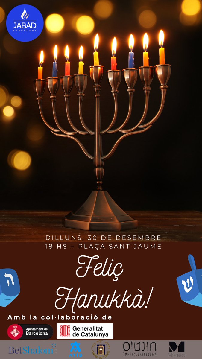 🕎 Janucà s’acosta! Una festa que il·lumina les nostres vides i ens recorda la força de l’esperit jueu. Un any més, esperem poder saludar-te a l’encesa de la Menorà a la Plaça Sant Jaume el proper 30 de desembre a les 18:00 h.