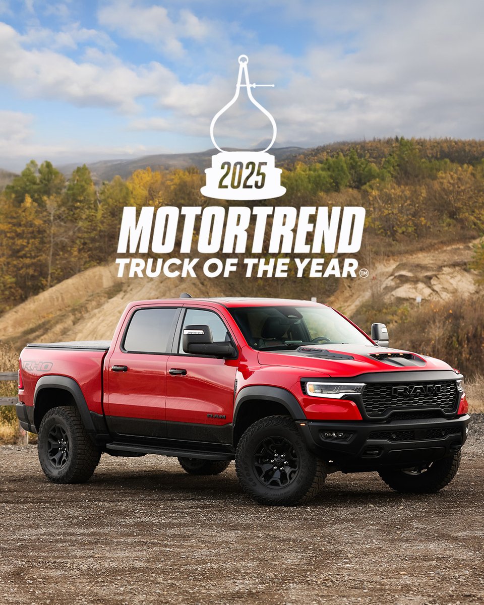 RamTrucksCanada's tweet photo. JUST IN: The Ram 1500 has taken home the award for 2025 @MotorTrend Truck of the Year™. Offering exceptional capability and power, the Ram 1500 RHO stands out as the pinnacle of performance for our award-winning off-road truck lineup.
#Ram1500 #RamRHO #MotorTrend #TOTY2025 https://t.co/3NKAT1ZLzr