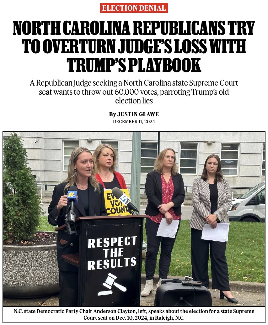 RollingStone's tweet photo. Trump won, so Republicans mostly skipped the election lies this time. Not so in North Carolina: After a GOP state Supreme Court candidate lost, the judge has pushed to toss 60,000 votes, using the old Trump playbook.

Story: https://t.co/9owZFbLYfC https://t.co/9bfT3L2dis