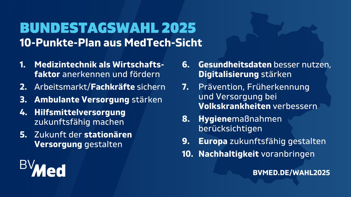 #Bundestagswahl2025: Was fordert die MedTech-Branche von der neuen Bundesregierung? Eine eigenständige MedTech-Strategie mit einem ressortübergreifend abgestimmten Maßnahmenplan! Denn die Standortbedingungen haben sich verschlechtert. Unsere Forderungen: bvmed.de/wahl