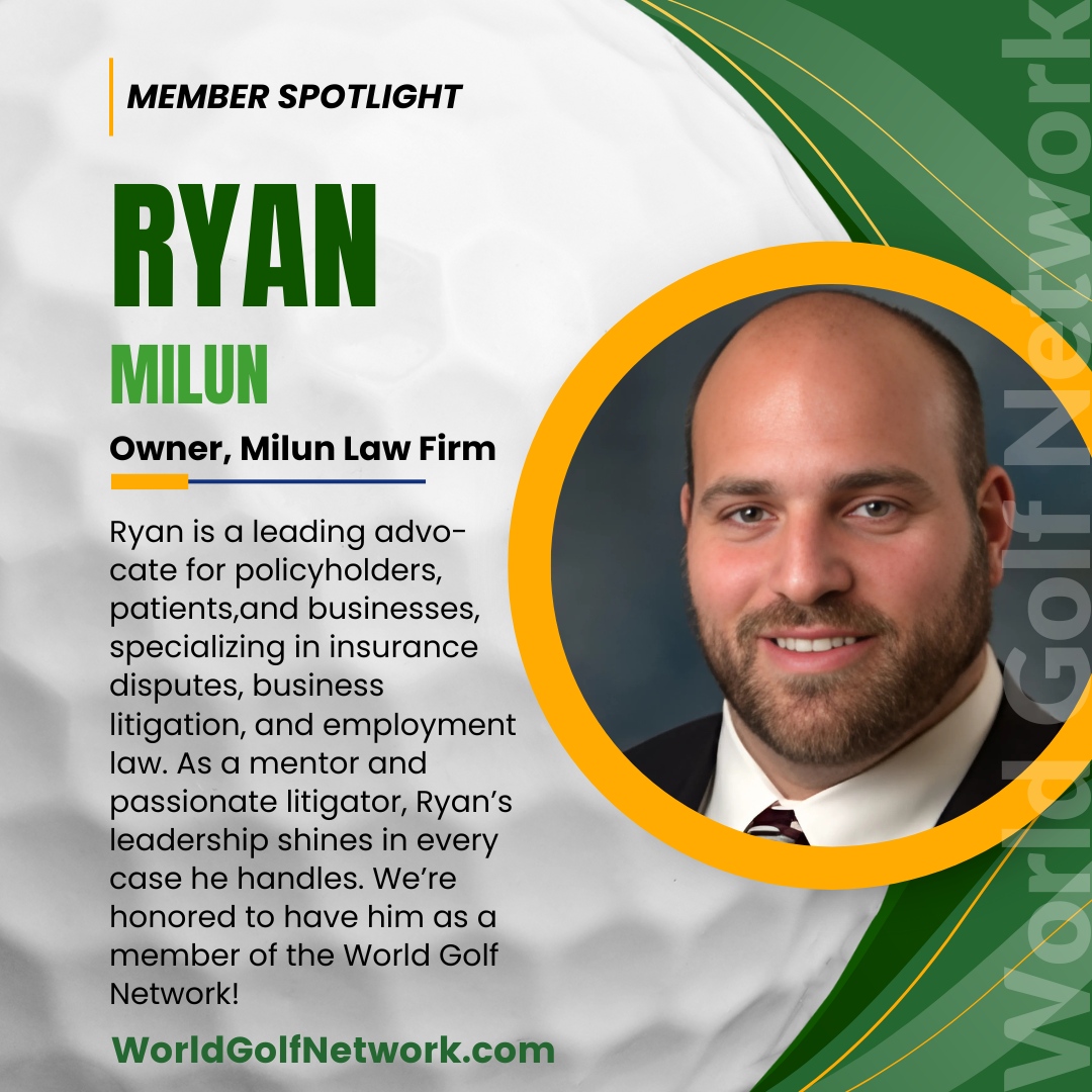 wgolfnetwork's tweet photo. Shoutout to Ryan Milun, Esq.!  As owner of Milun Law Firm, Ryan fights for policyholders, patients &amp; businesses, specializing in insurance disputes &amp; business litigation. Proud to have him in the #WGN community! 💼#LegalExpert #BusinessLitigation #Mentor #Networking https://t.co/RtpHeU8yXS