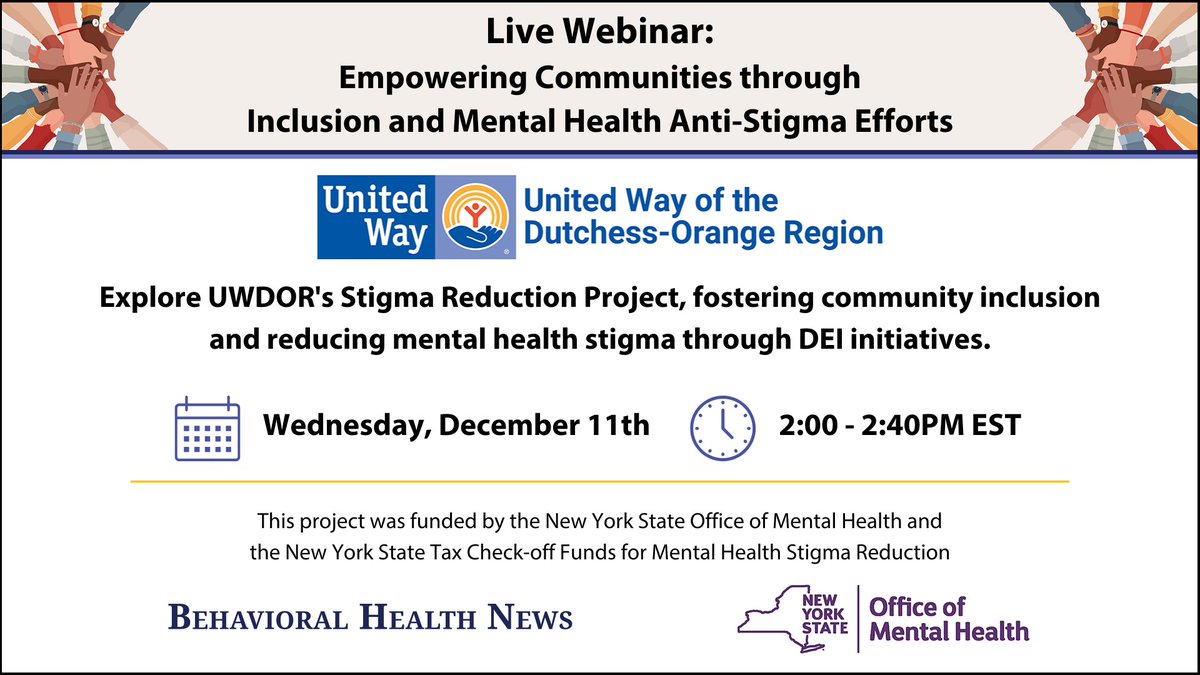 BehaviorHlthNws's tweet photo. HAPPENING TODAY!
Webinar: United Way of the Dutchess-Orange Region – Empowering Communities through Inclusion & Mental Health Anti-Stigma
12/11 @ 2PM - 2:25PM EST
Register: https://t.co/PzxwNNQQDf
#MentalHealth #StigmaReduction project by @BehaviorHlthNws and @NYSomh https://t.co/MQu1bM3rY2