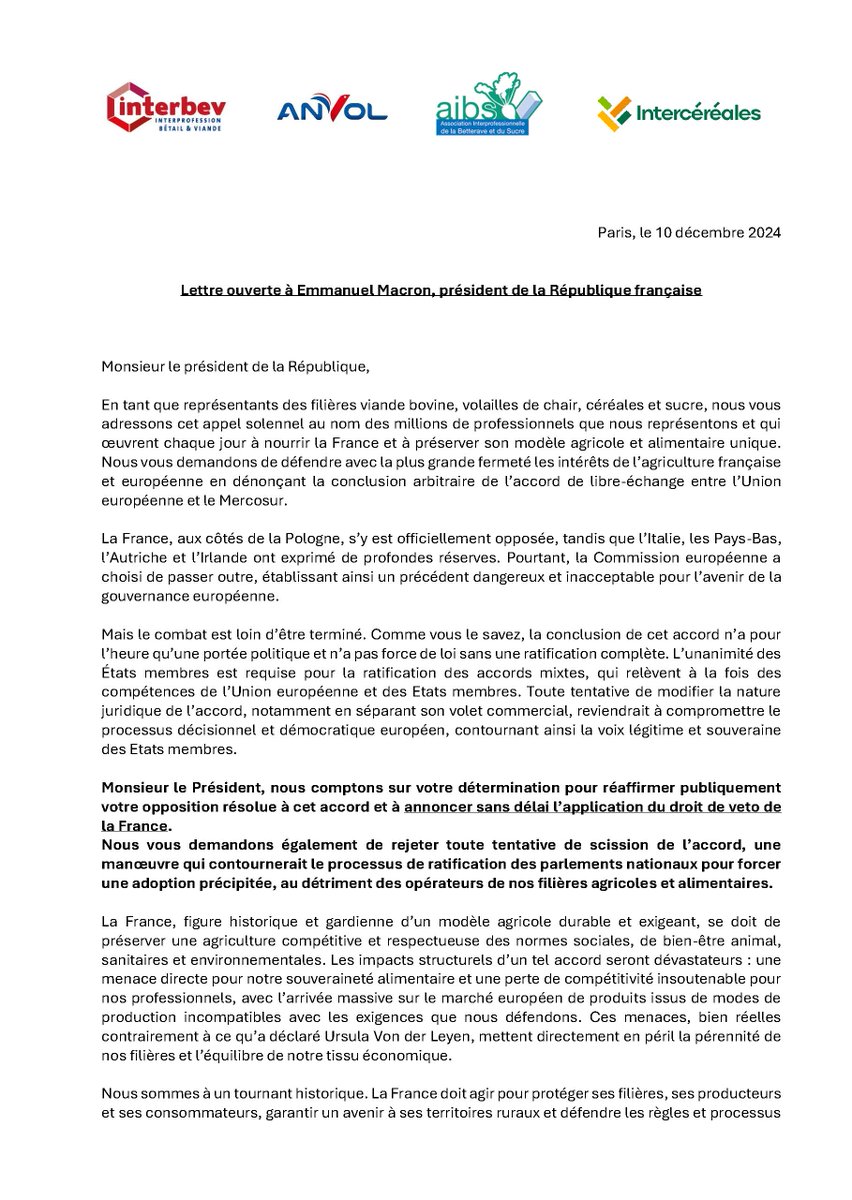 Interpro_Anvol's tweet photo. 📢 Les filières bovine, volailles, céréales et sucre appellent @EmmanuelMacron à défendre fermement l'agriculture française et européenne contre l'accord de libre-échange UE #Mercosur
Le combat n’est pas terminé pour soutenir notre modèle agricole familial, unique et durable 🇫🇷 https://t.co/0ljS5Kenj3