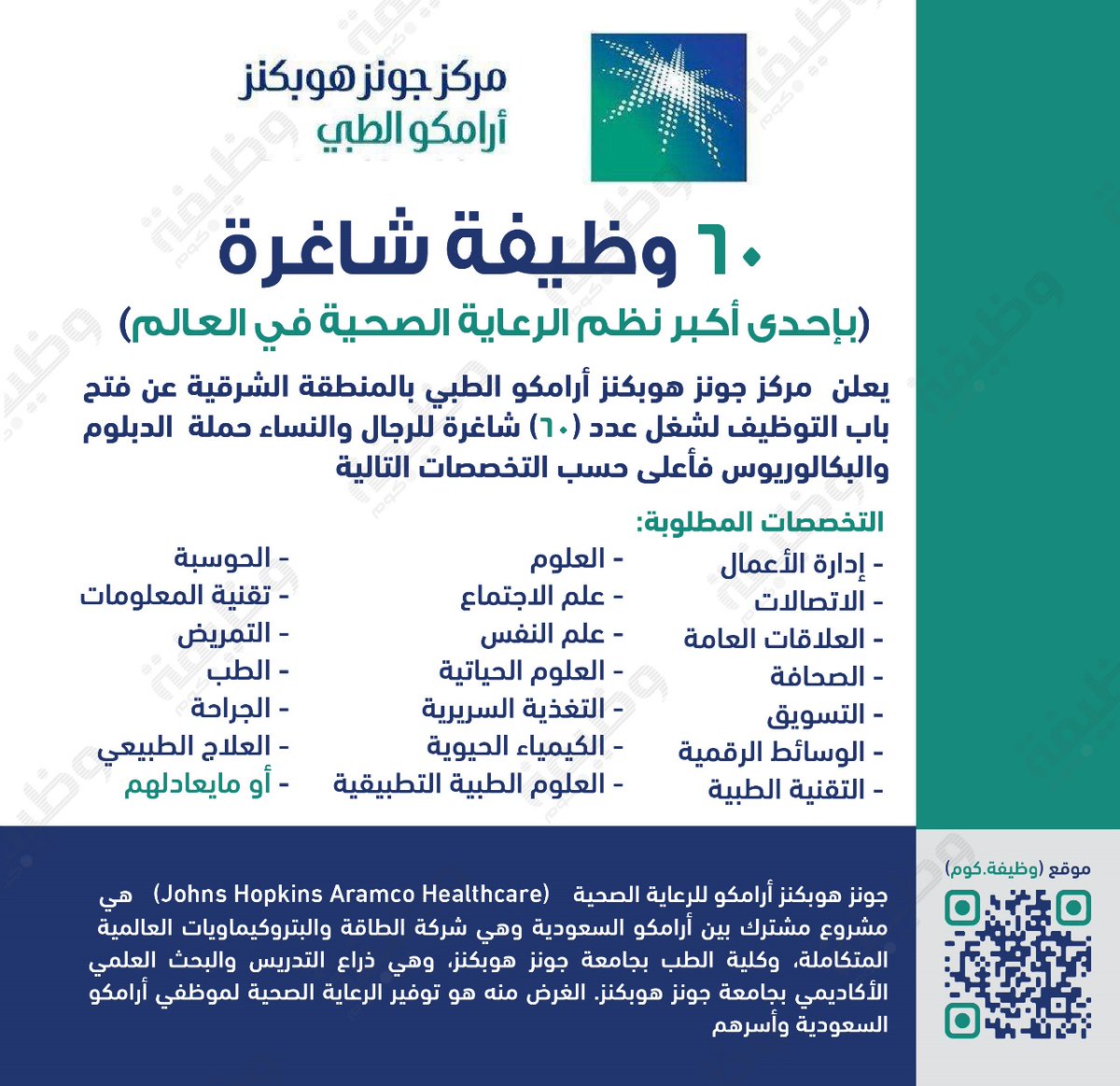 🟢 إعلان 60 وظيفة شاغرة (للرجال والنساء):

يعلن مركز جونز هوبكنز ⁧#أرامكو⁩ الطبي (إحدى أكبر نظم الرعاية الصحية بالعالم) عن طرح (60) وظيفة شاغرة للرجال والنساء حملة البكالوريوس فأعلى في مختلف التخصصات.

التفاصيل: wadhefa.com/news/18141/

#وظائف_شاغرة