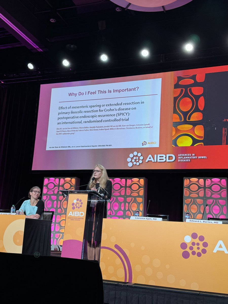 Dr Tracy Hull presents top surgical articles of 2024. SPICY 🌶️ trial shows post op endoscopic recurrence in Crohn’s disease not decreased with extended mesenteric resection. #AIBD2024 #crohns