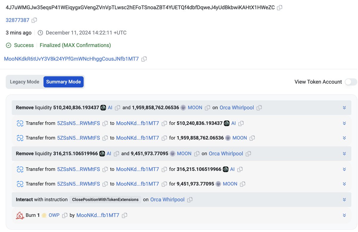 MoonCoin_Staff's tweet photo. Gsvm,

Regarding #AI #Agent - #MoonAI, we made a mistake - it could cause liquidity fragmentation and reduce the usecase of $MOON Token. Therefore, we will proceed to destroy $AI Token - and MoonAI will #NOT use $AI Token as a utility token but will use $MOON Token as a utility token for the future.

Buyers who have purchased AI Token do not need to worry. We will refund the exact amount of $MOON that you bought on #Orca with the AI/MOON liquidity pair.

The steps to destroy and refund to AI buyers include the following steps:

1/ We have withdrawn the entire LP pool (AI/MOON):
510,240,836 $AI + 1,959,858,762 $MOON

https://t.co/WmGx0OjcjL

2/ We will burn AI Token in the Pool

3/ We will track the wallets (with ~40 holders) that bought AI Token and refund MOON tomorrow (required that they still hold the correct amount of AI Token). -> After completing the refund process, we will have a new announcement.

Thank Mooners - we always try to build a strong and reputable community. In the process of development, there will be shortcomings, hope mooners forgive. 🥲