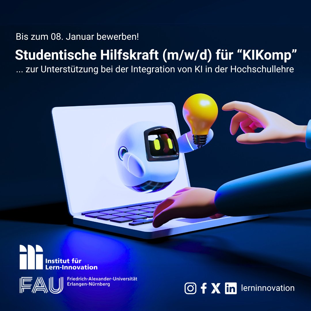 Noch bis zum 08. Januar bewerben🚀Studentische Hilfskraft  (m/w/d) für unser Projekt „KI-Komp“. Unterstütze uns dabei, innovative  Lehrkonzepte mit KI zu entwickeln und umzusetzen.
👉 jobs.fau.de/jobs/studentis…
#FAUjobs