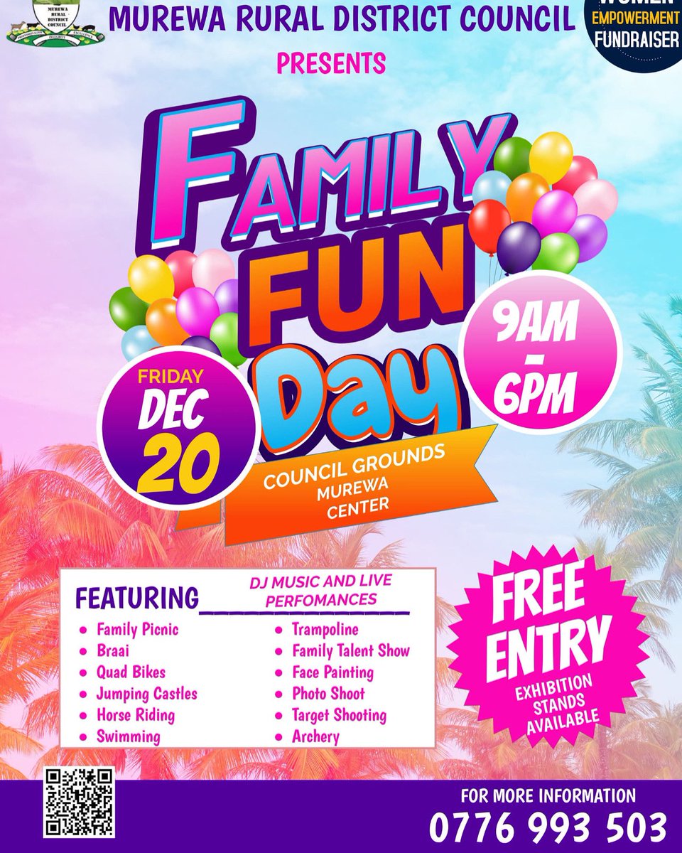 Murewa RDC presents the family fun day on the 20th of December 2024 in the Council Grounds Murewa Center 9am-6pm free entry exhibition stands available
