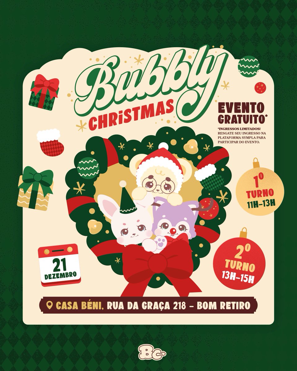 itsbubblycharm's tweet photo. 🎄✨ BUBBLY CHRISTMAS - UM PRESENTE PRA VOCÊ! ✨🎄

Ho-ho-ho! O 4º Collector GG Day vem aí, e essa edição será especial de Natal! 🎅💖

📅 DATA DO EVENTO:
🗓️ 21 de dezembro (sábado)

⏰ HORÁRIOS:
Teremos dois turnos:
🔸 Manhã: 11h às 13h
🔸 Tarde: 13h às 15h

📍 LOCAL:
Casa Béni - Rua da Graça, 218, Bom Retiro

🎟️ INGRESSOS:
🎟️ Disponíveis a partir de 13/12 (sexta-feira), às 19h, na plataforma Sympla.
👉 Evento gratuito! Porém, será necessário retirar ingresso (vagas limitadas conforme a capacidade do local).

⚠️ IMPORTANTE:
• Apenas 1 ingresso por pessoa.
• Cada participante poderá escolher apenas 1 turno.

Link para resgate: https://t.co/bI1f3QWM2S

#BUBBLYCHRISTMAS #CELEBRATE