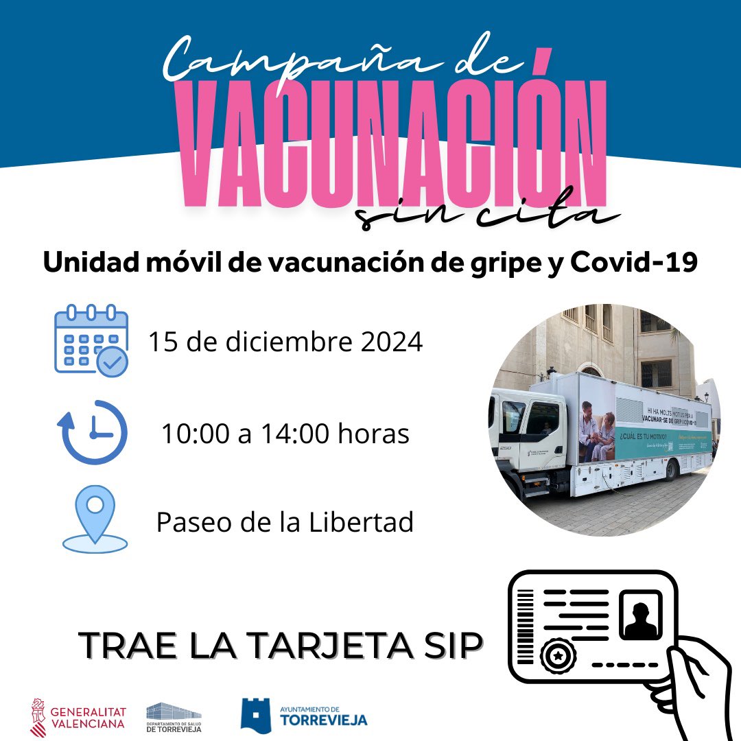 Departamento de Salud de Torrevieja (@gvadstorrevieja) on Twitter photo Unidad móvil de vacunación gripe y Covid-19 ✍🏻
📆 15 de diciembre de 2024
⏰ De 10.00 a 14.00 horas
📌 Paseo de la Libertad, Torrevieja
¡Te esperamos! 🙌🏻
<a href="/GVAsanitat/">GVA Sanitat</a> <a href="/TorreviejaAyto/">Ayuntamiento de Torrevieja</a> Unidad móvil de vacunación gripe y Covid-19 ✍🏻
📆 15 de diciembre de 2024
⏰ De 10.00 a 14.00 horas
📌 Paseo de la Libertad, Torrevieja
¡Te esperamos! 🙌🏻
<a href="/GVAsanitat/">GVA Sanitat</a> <a href="/TorreviejaAyto/">Ayuntamiento de Torrevieja</a>